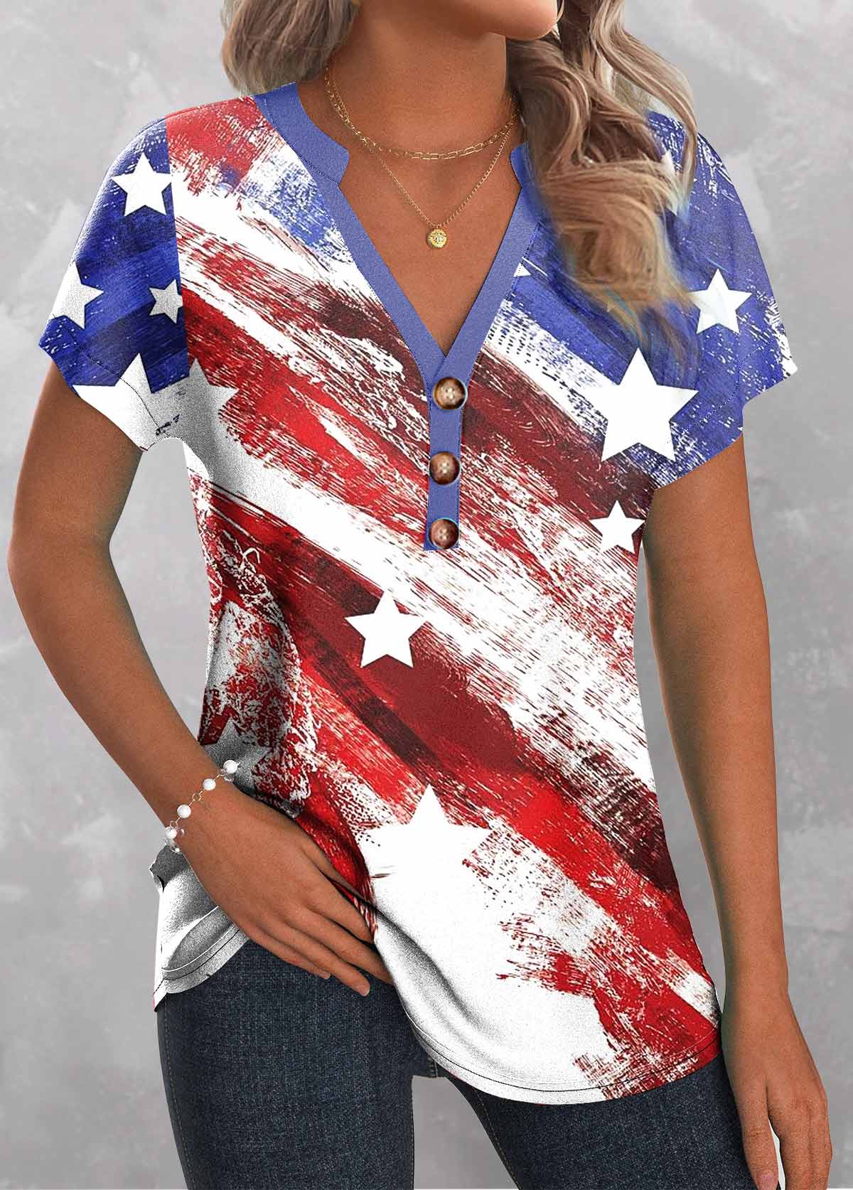 Flag Print Button Multi Color T Shirt