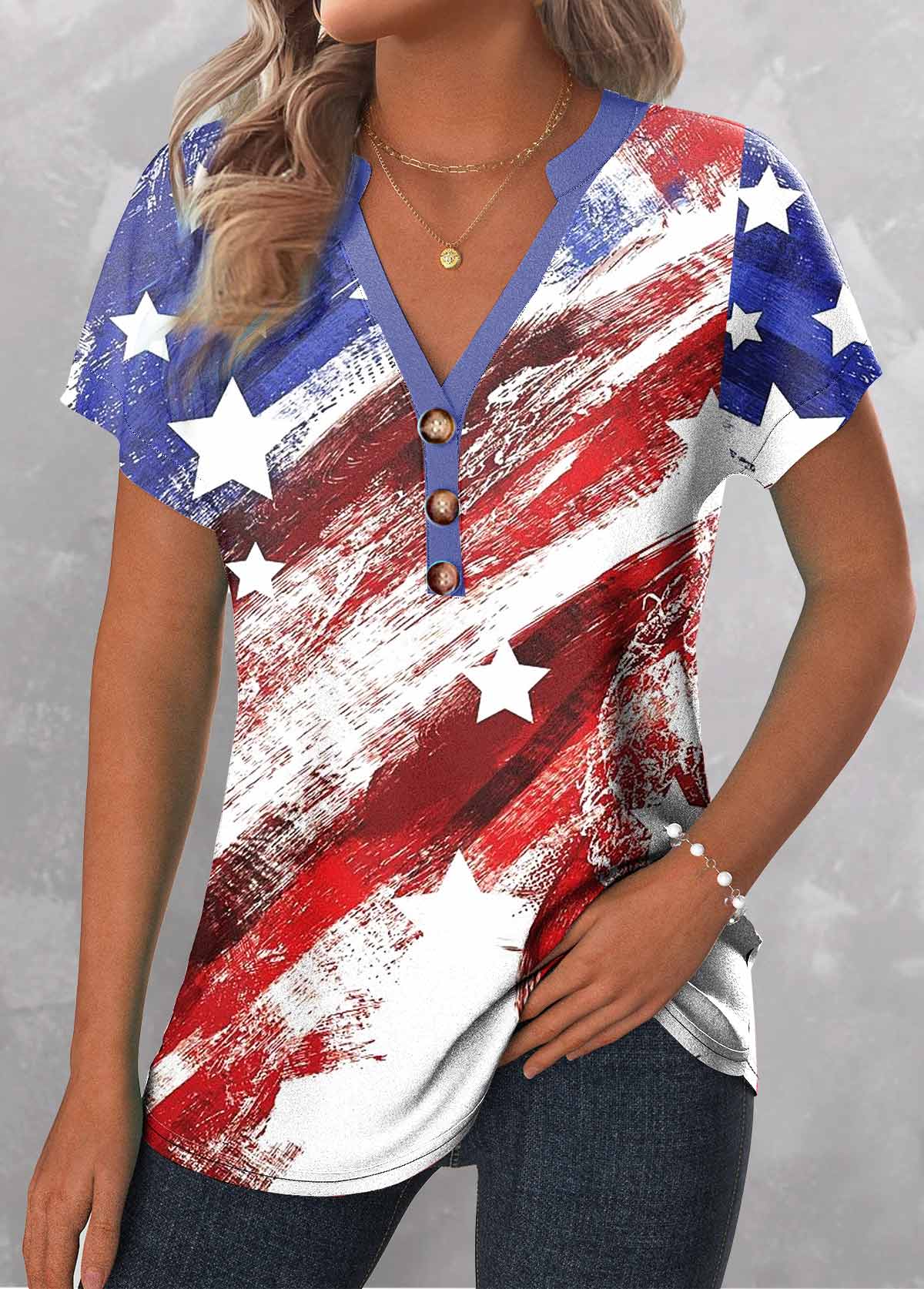 Flag Print Button Multi Color T Shirt