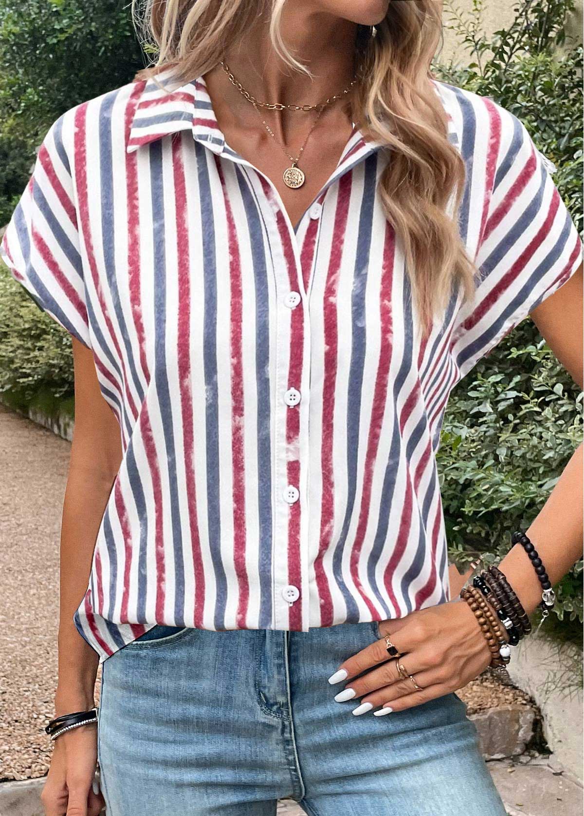 Plus Size Multi Color Button Striped Blouse