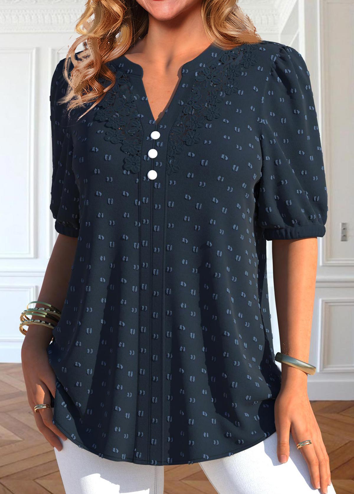 Plus Size Navy Button Short Sleeve Split Neck Blouse