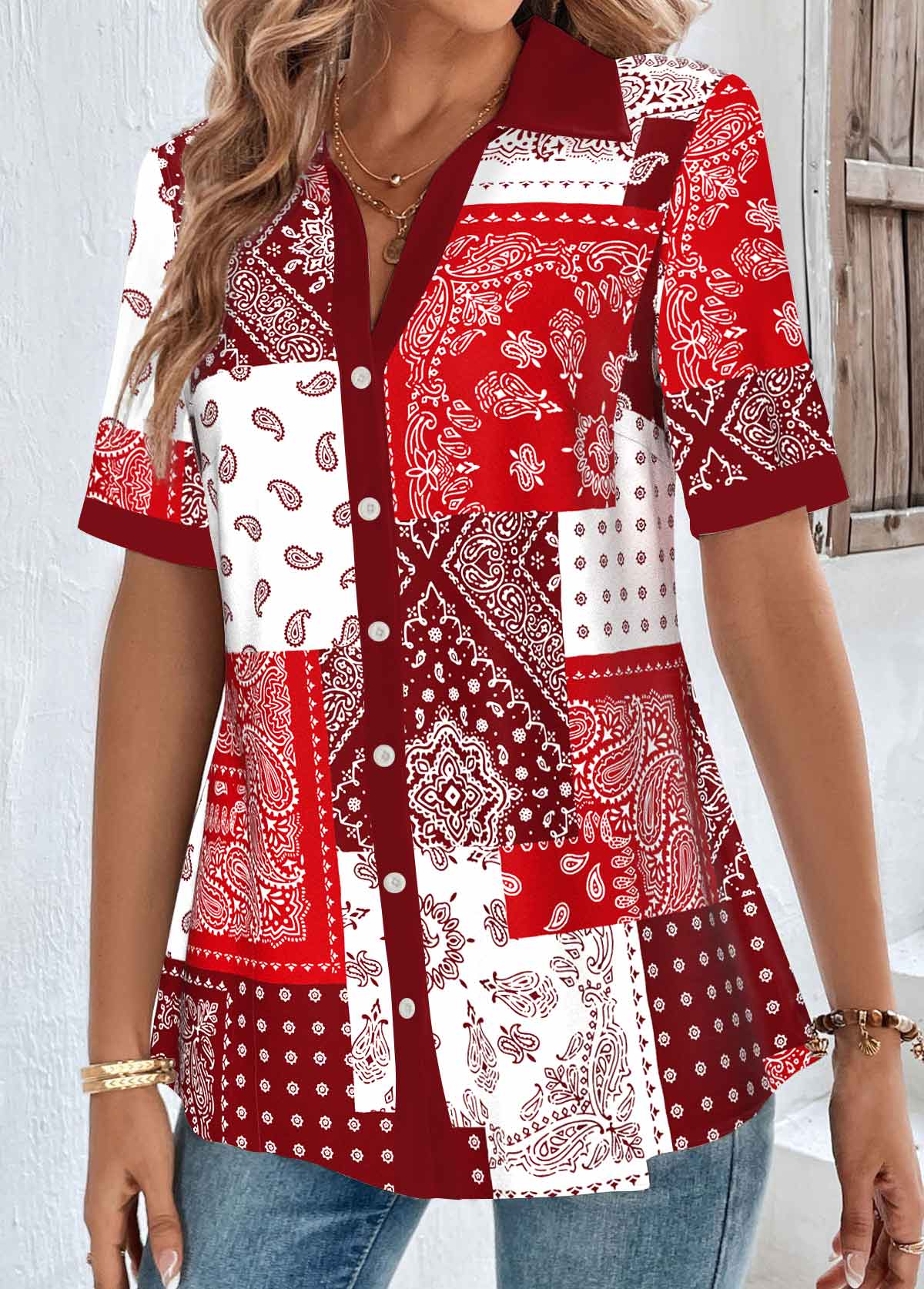 Short Sleeve Patchwork Red Shirt Collar Blouse
