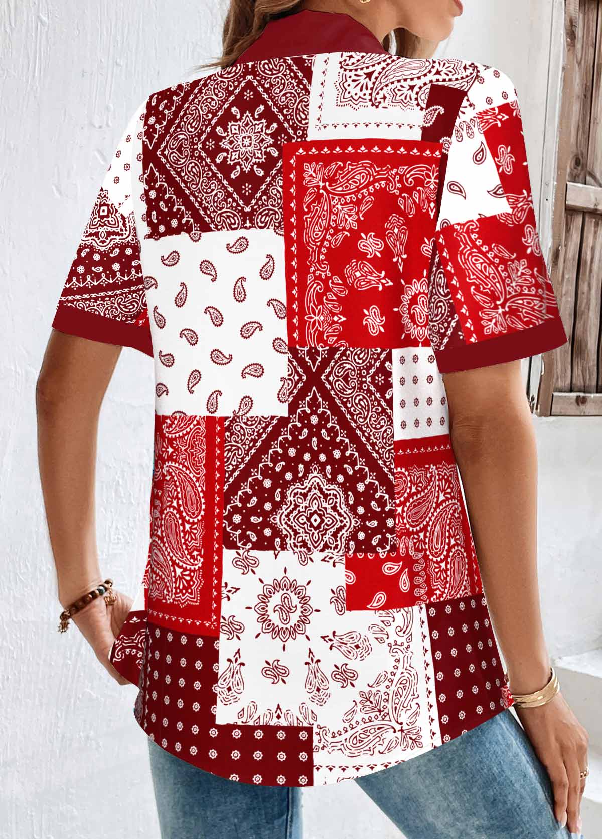 Short Sleeve Patchwork Red Shirt Collar Blouse