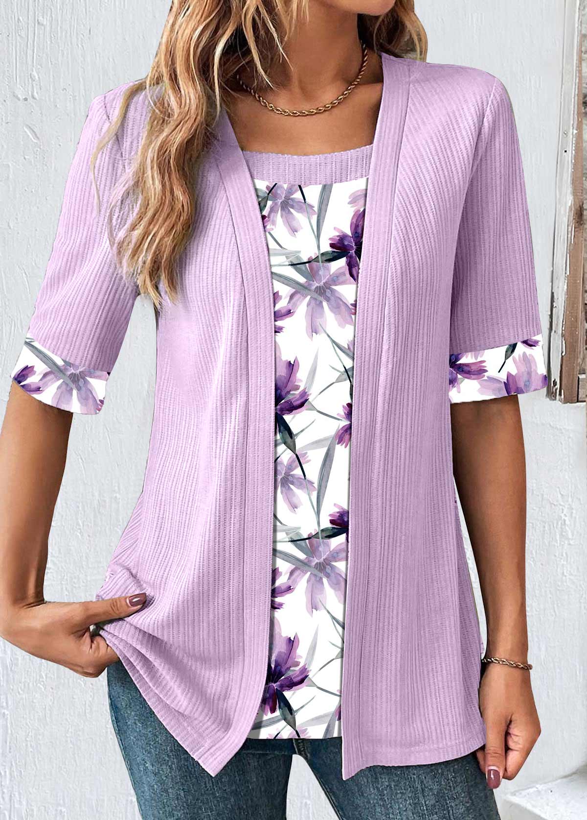 Light Purple Patchwork Plus Size Fake Two Piece Twinset