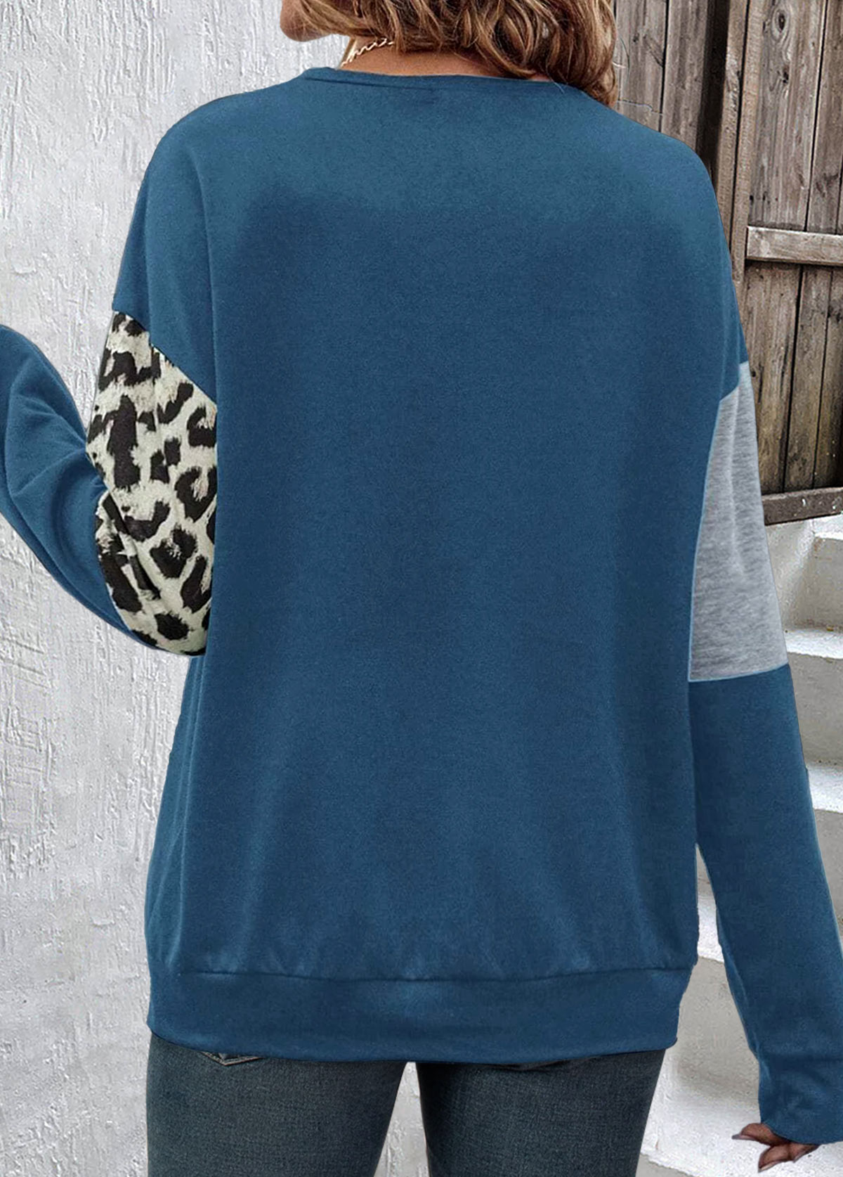 Leopard Patchwork Dusty Blue Round Neck Sweatshirt
