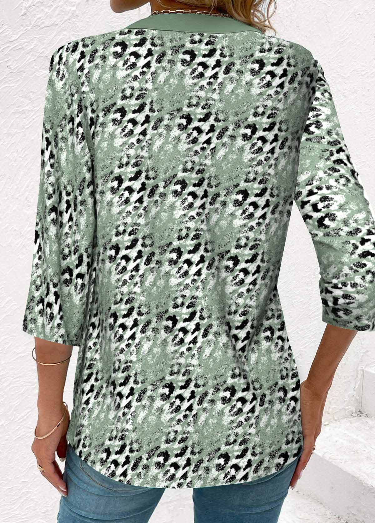 Plus Size Sage Green Fake 2in1 Leopard Blouse