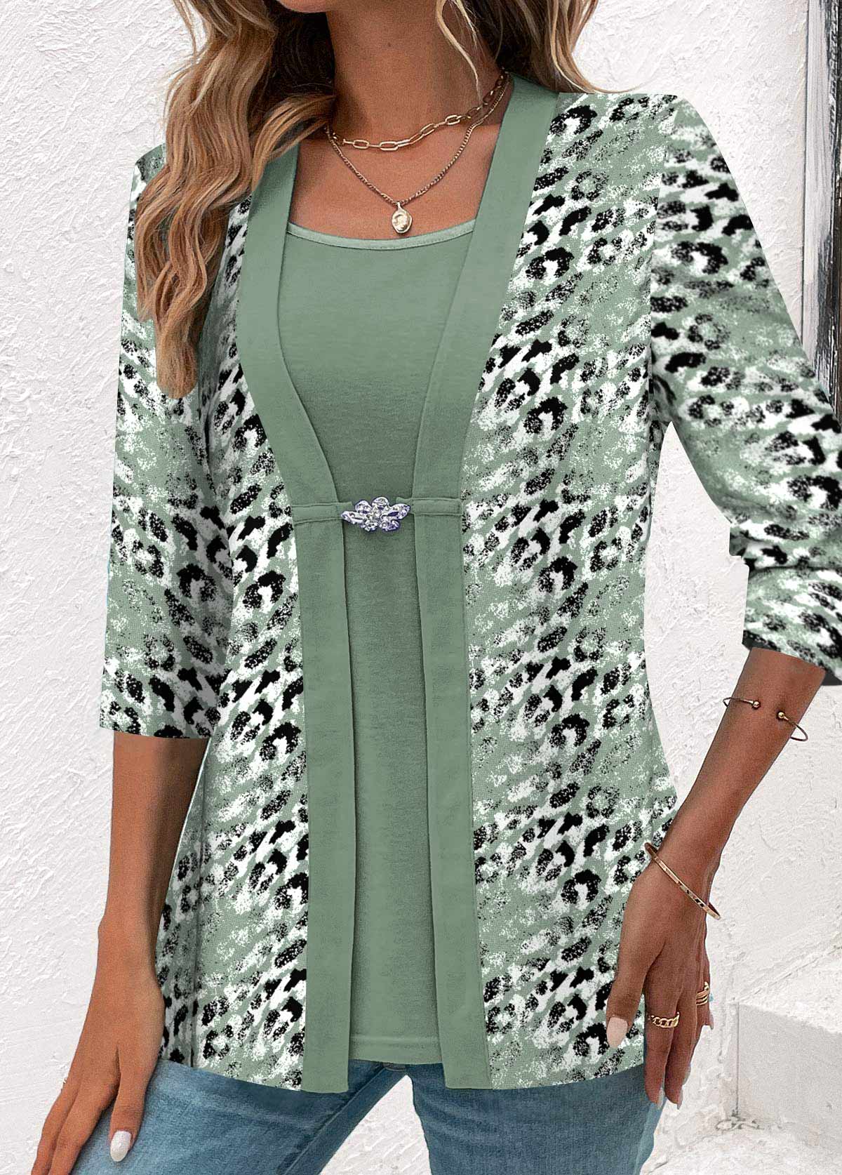 Plus Size Sage Green Fake 2in1 Leopard Blouse