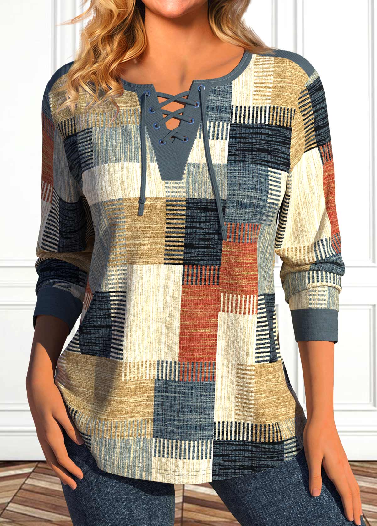 Plus Size Multi Color Lace Up T Shirt