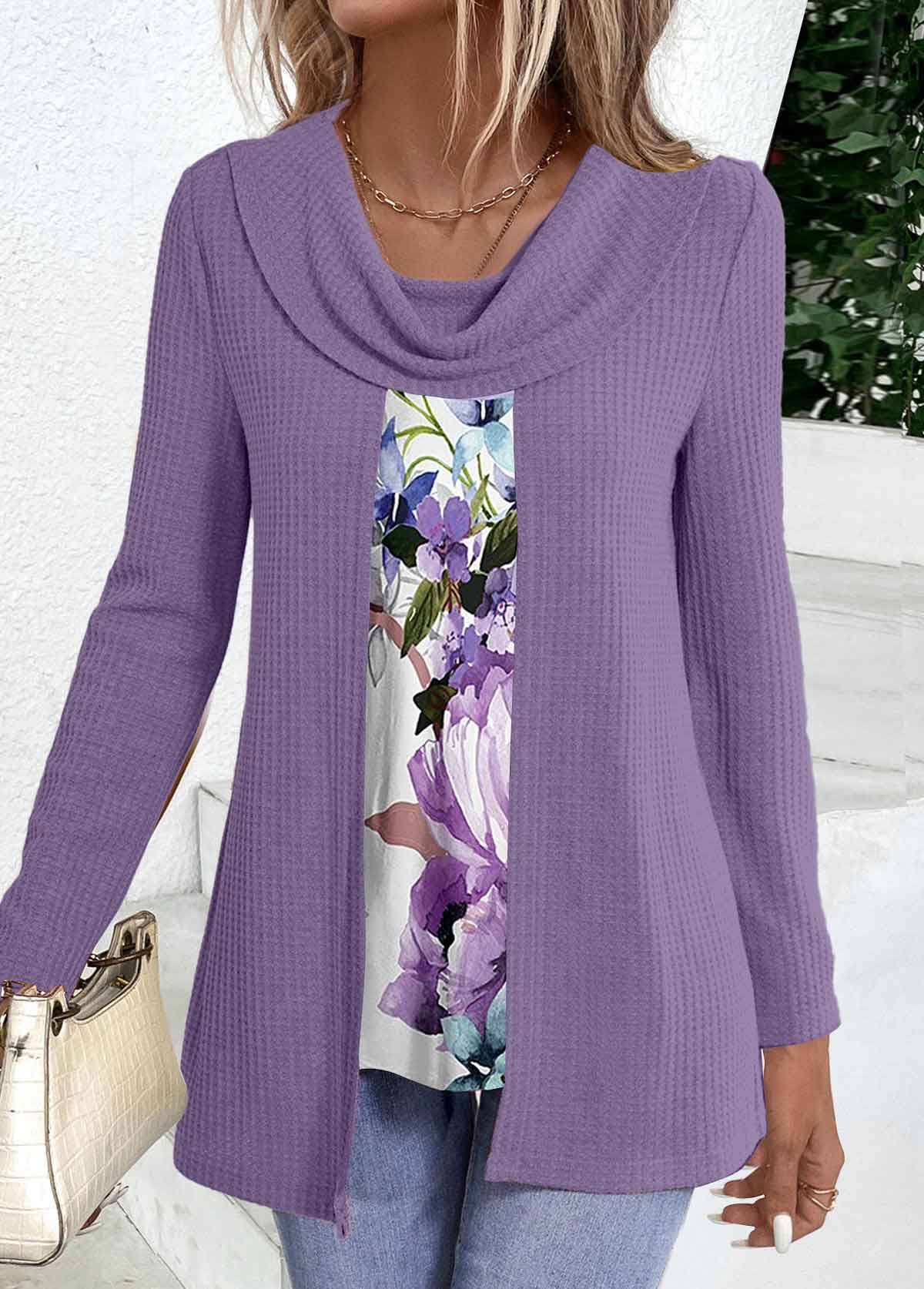 Floral Print Purple Long Sleeve Fake Two Piece Twinset