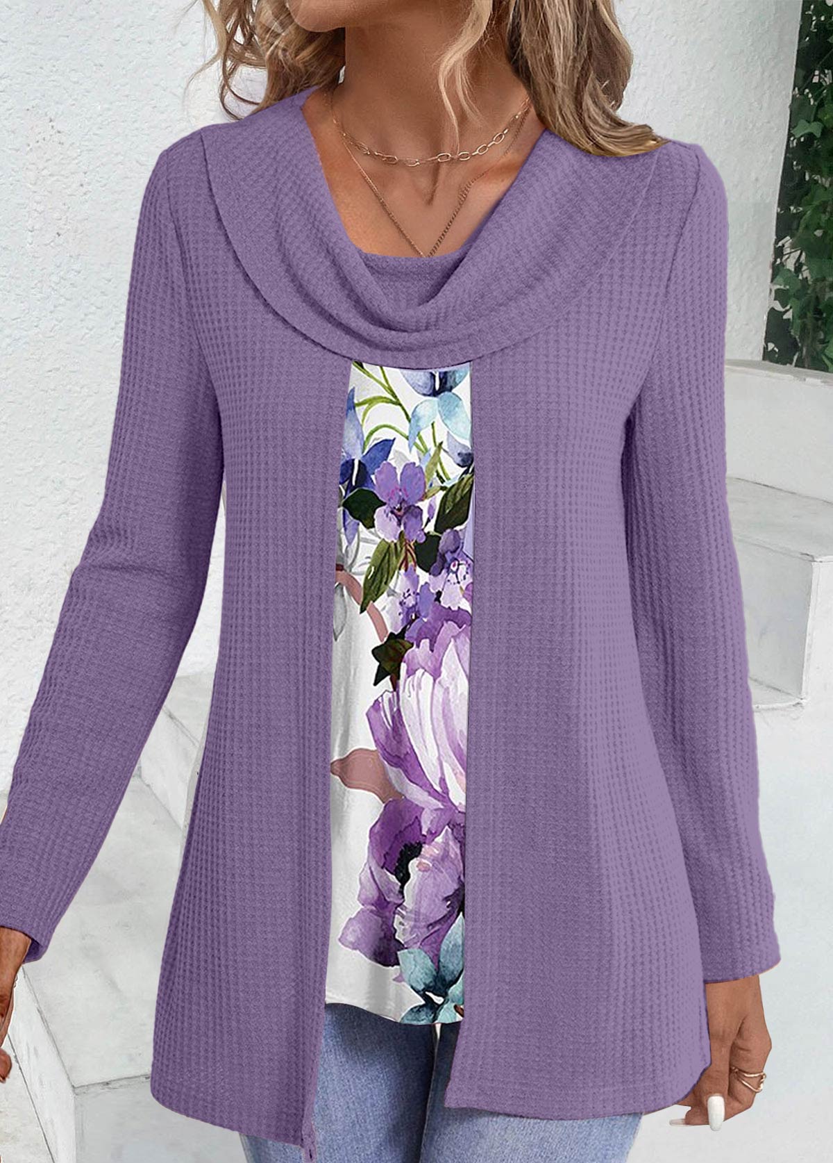 Floral Print Purple Long Sleeve Fake Two Piece Twinset