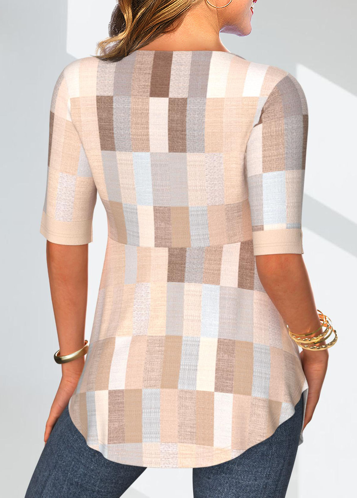 Plus Size Beige Geometric Print Fake Two Piece Twinset