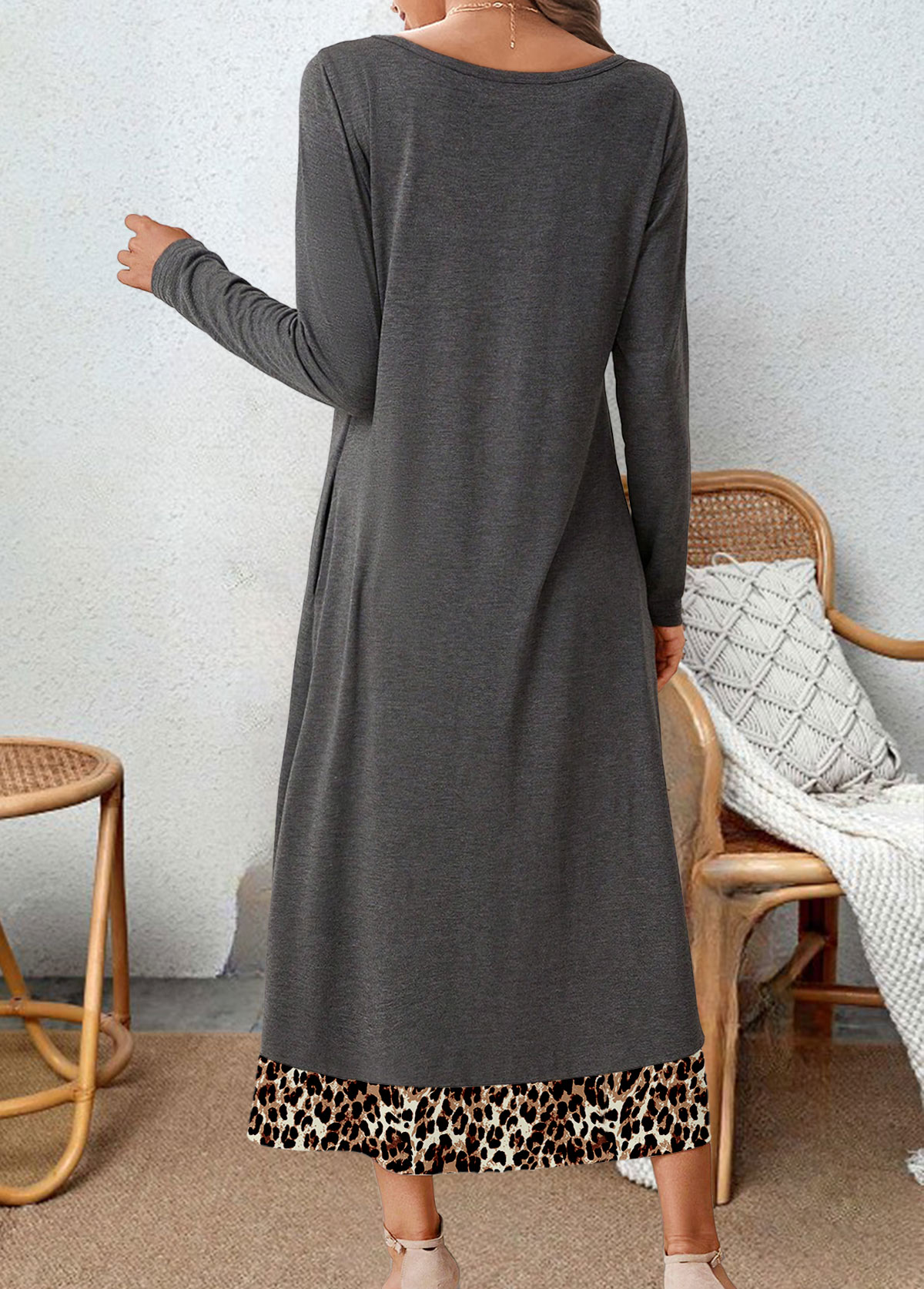 Leopard Tummy Coverage Dark Grey Long Sleeve Dress