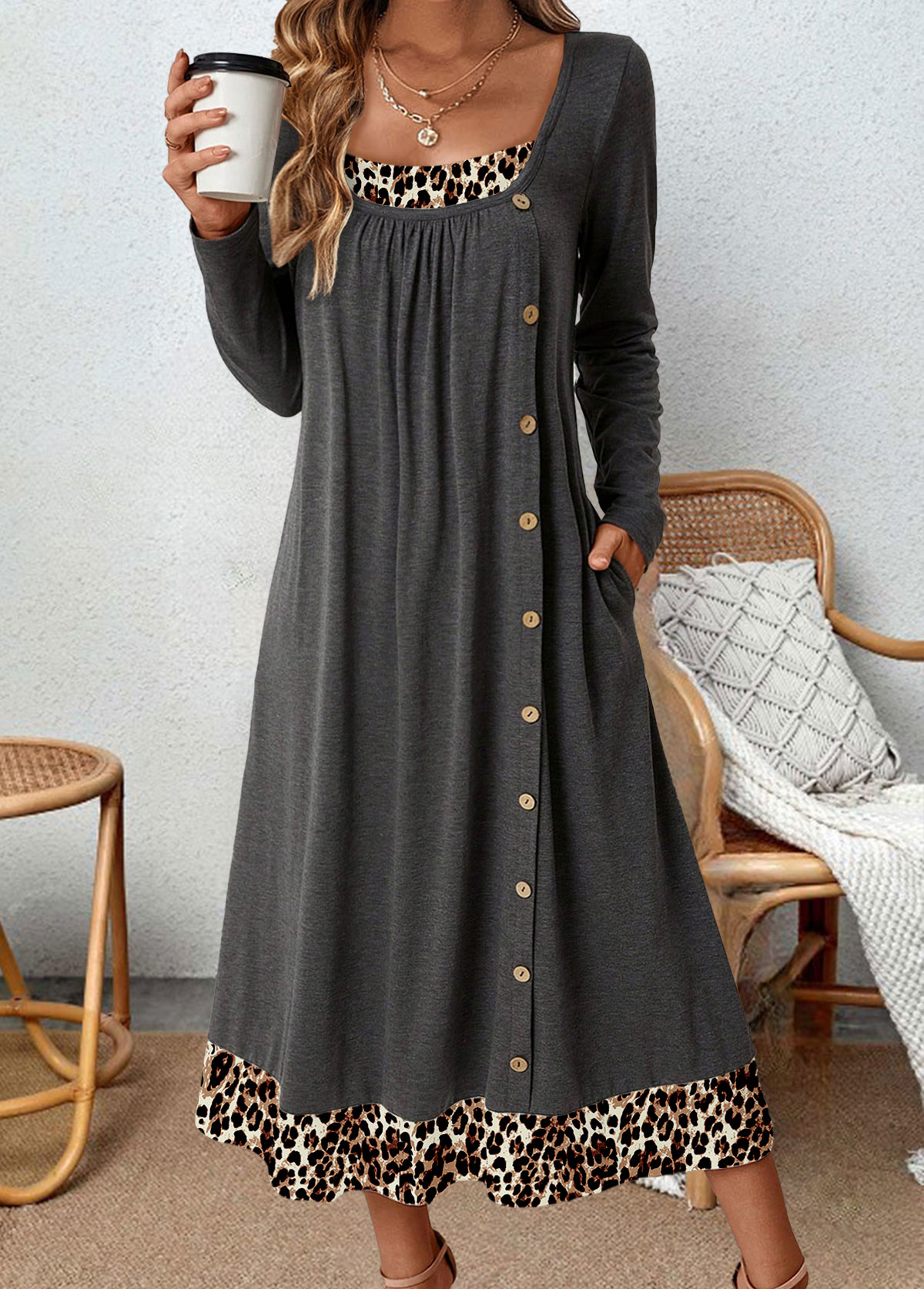 Leopard Tummy Coverage Dark Grey Long Sleeve Dress