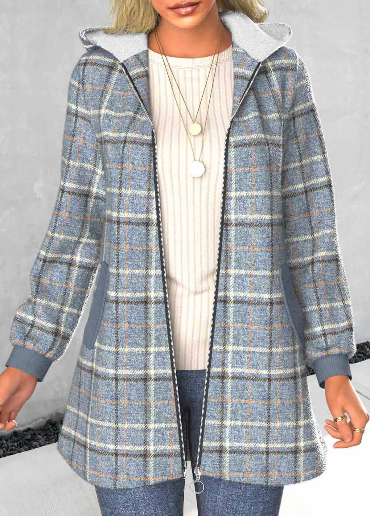 Plaid Zipper Dusty Blue Long Sleeve Hooded Coat