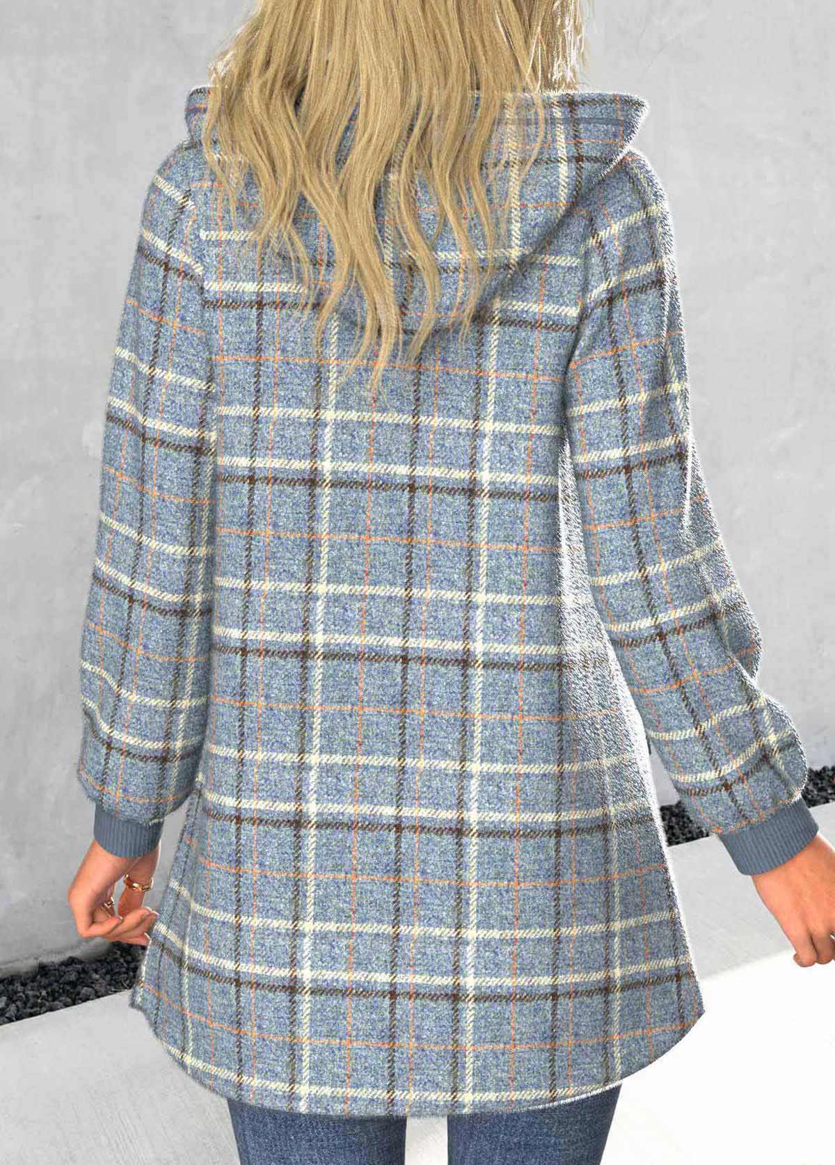 Plaid Zipper Dusty Blue Long Sleeve Hooded Coat