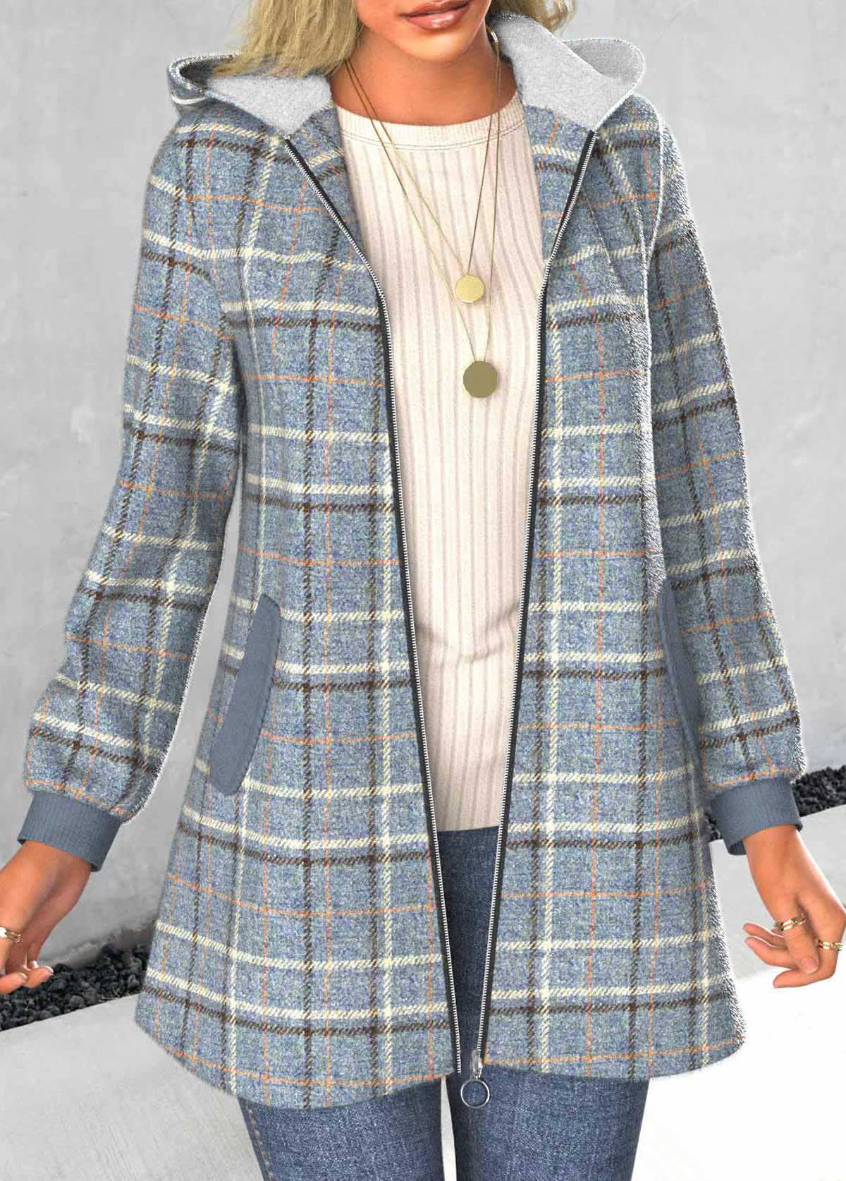Plaid Zipper Dusty Blue Long Sleeve Hooded Coat