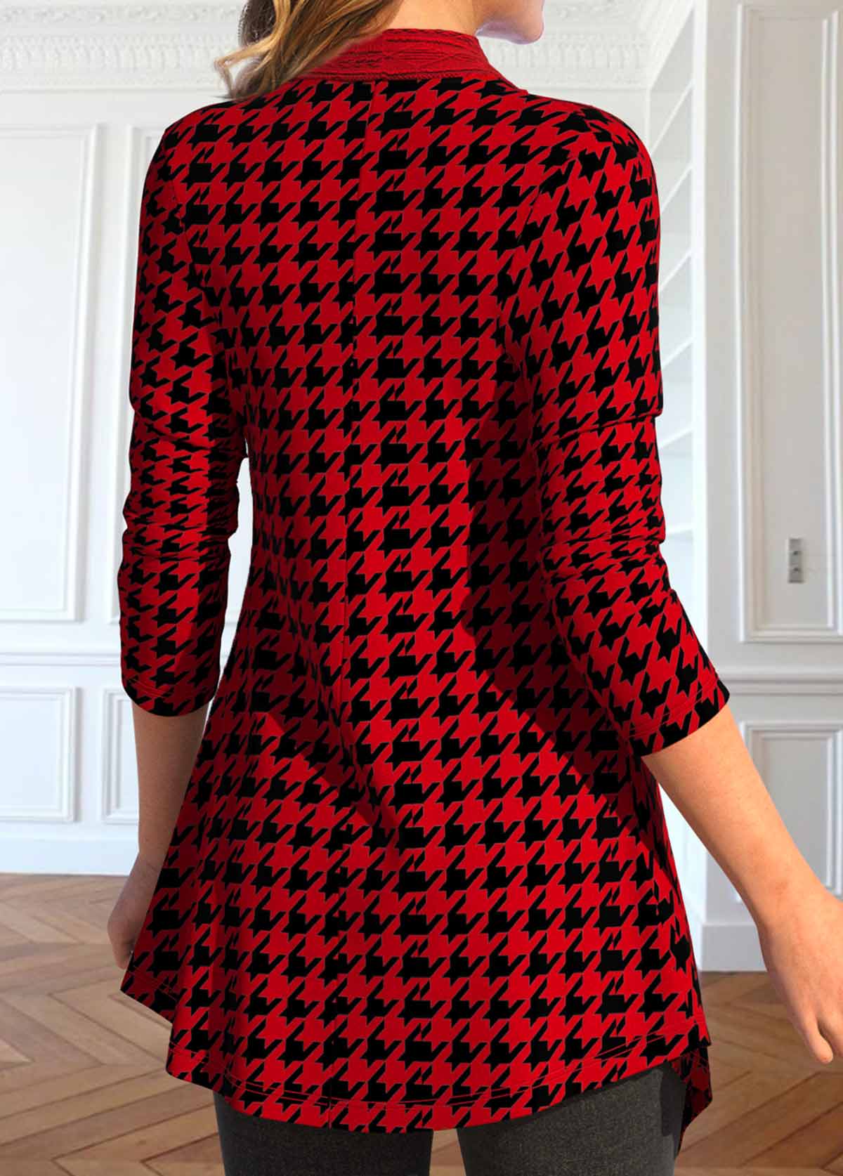 Plaid Patchwork Wine Red Long Sleeve Coat