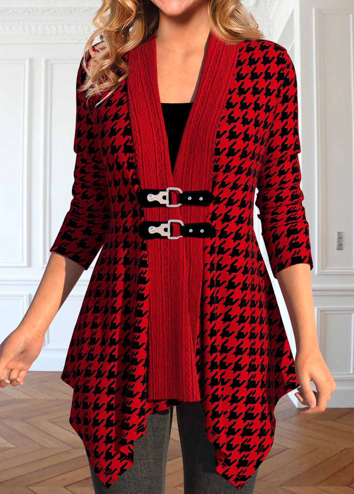 Plaid Patchwork Wine Red Long Sleeve Coat