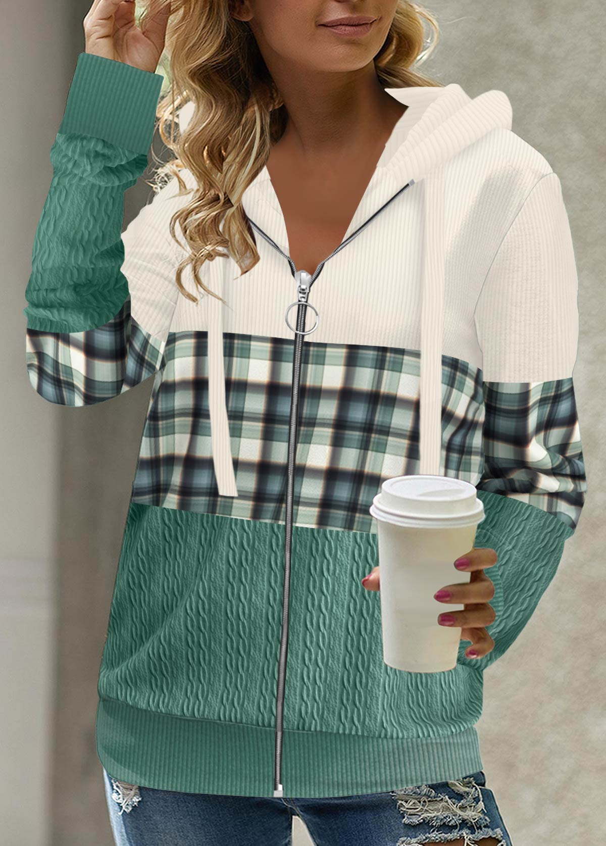 Plus Size Green Patchwork Plaid Long Sleeve Hoodie
