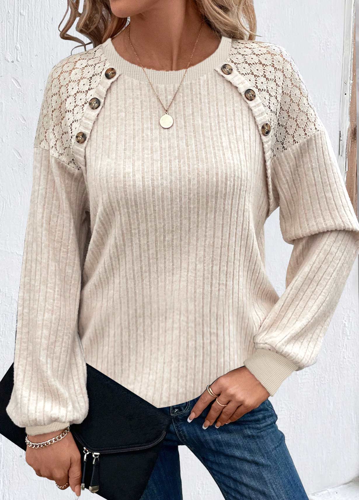 Button Beige Long Sleeve Round Neck T Shirt