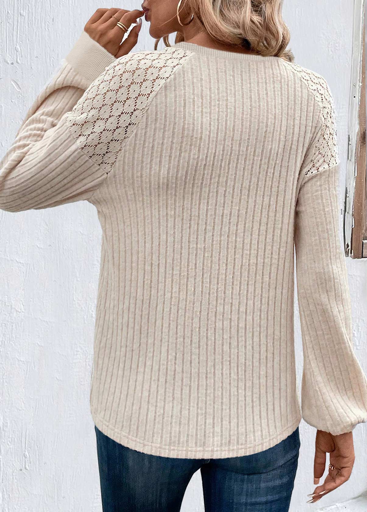 Button Beige Long Sleeve Round Neck T Shirt