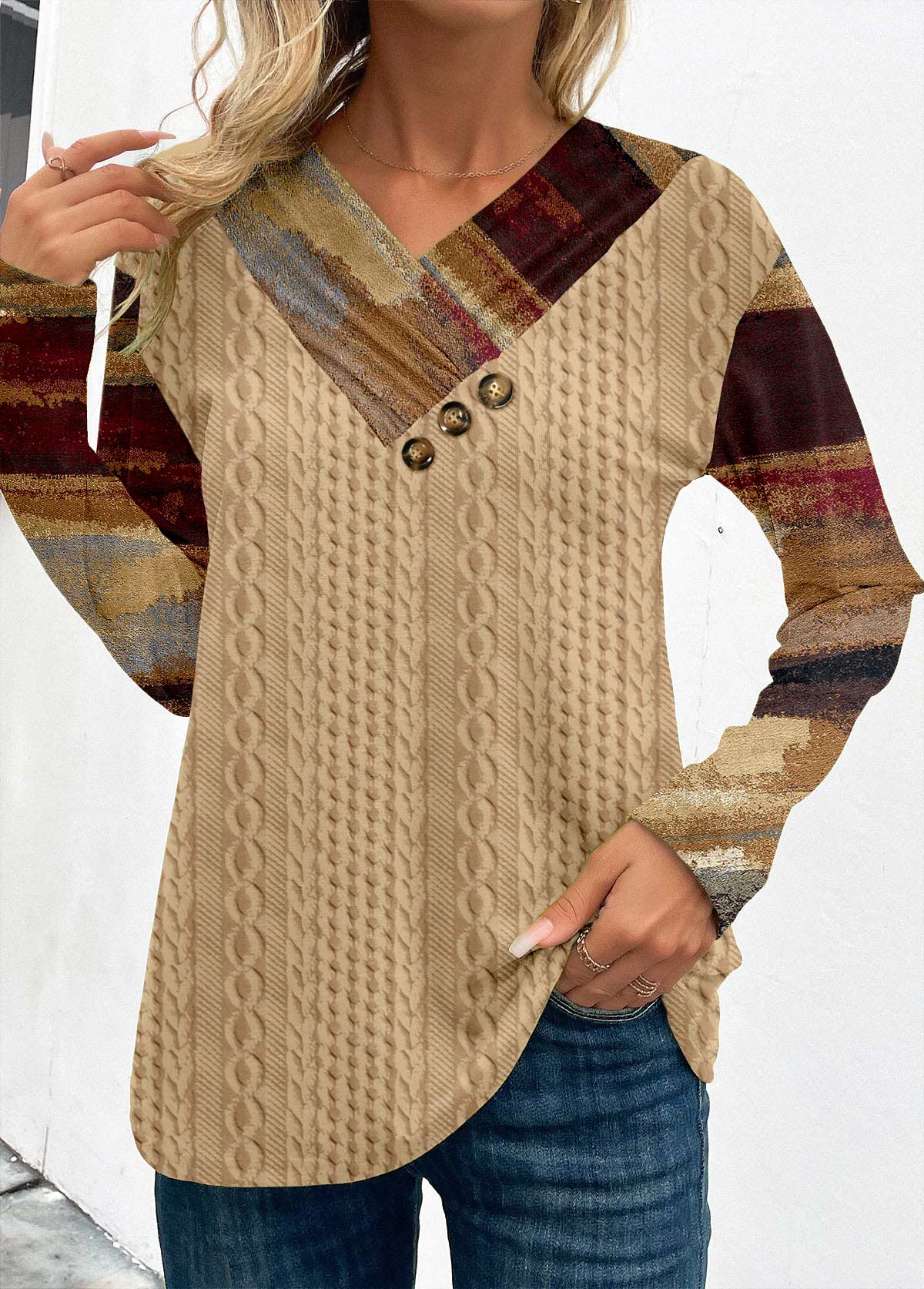 Graffiti Print Patchwork Light Camel Long Sleeve Sweatshirt