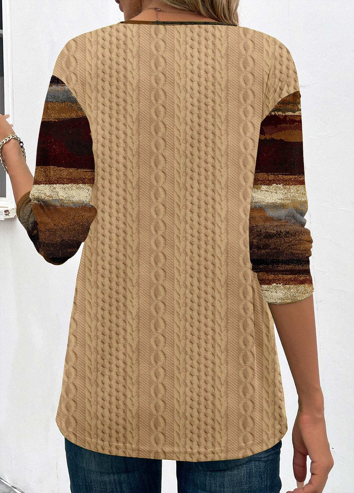 Graffiti Print Patchwork Light Camel Long Sleeve Sweatshirt