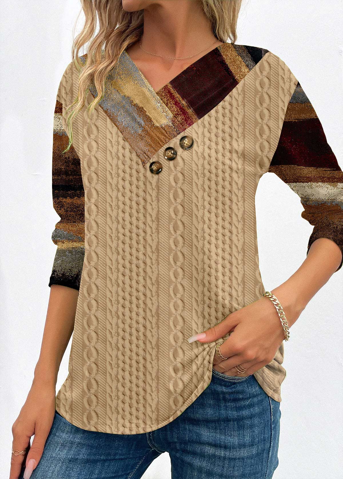 Graffiti Print Patchwork Light Camel Long Sleeve Sweatshirt