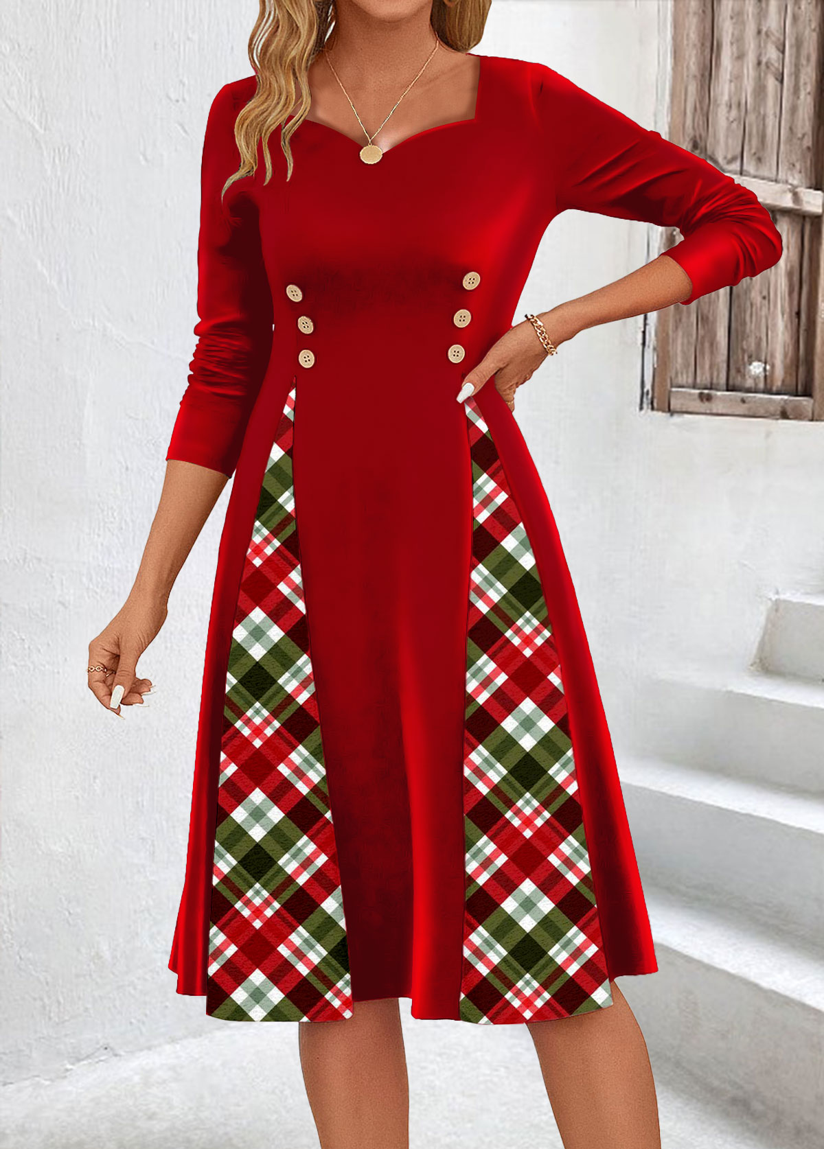 Plaid Patchwork Red Long Sleeve Heart Collar Dress