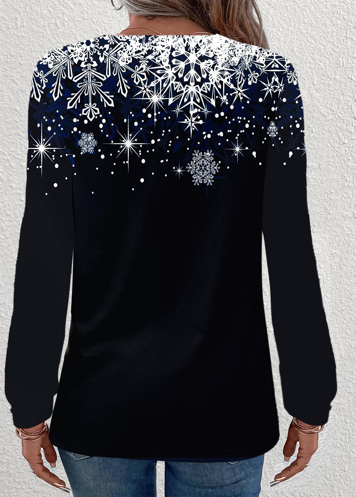 Christmas Tree Print Button Black Long Sleeve Sweatshirt