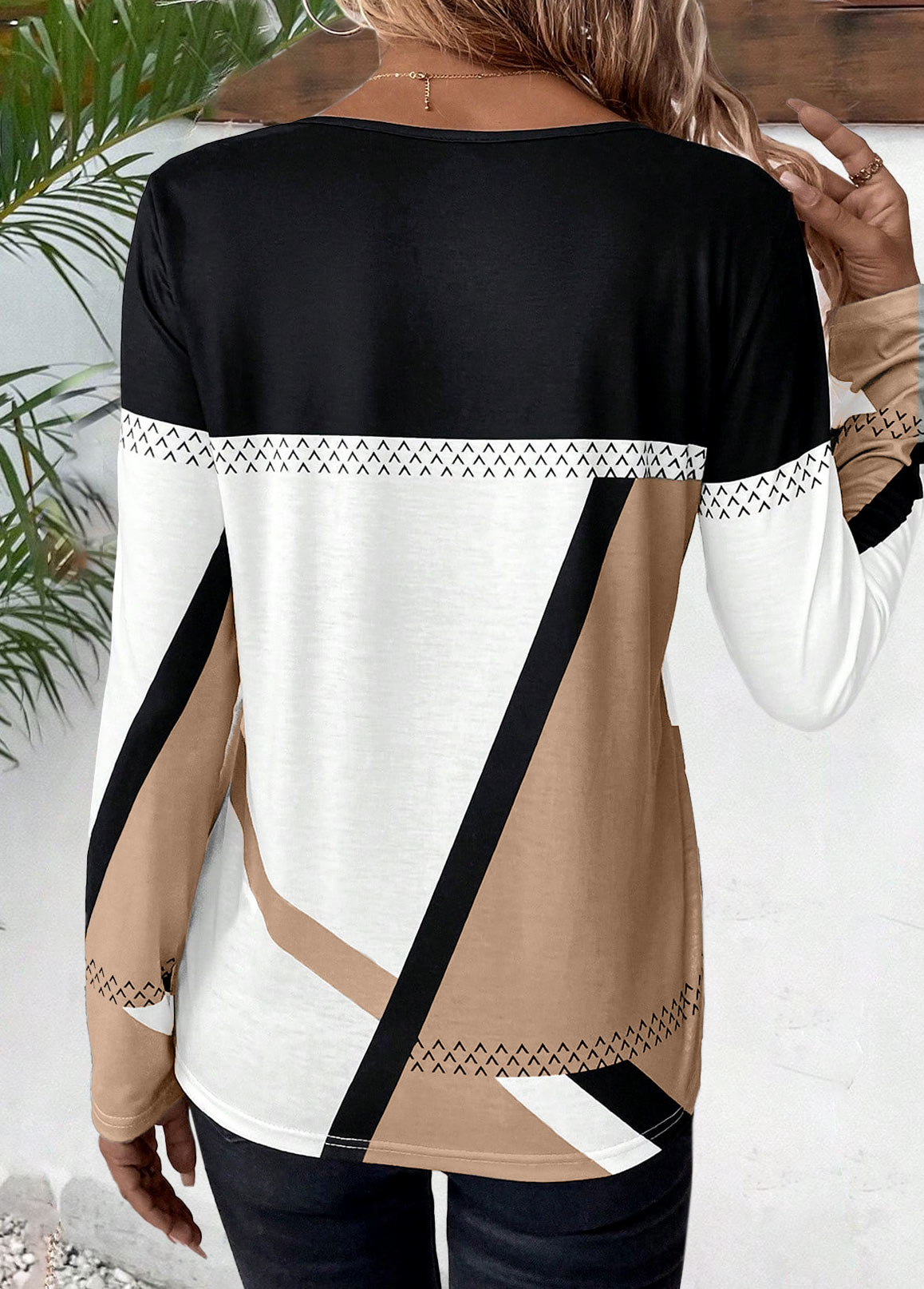 Geometric Print Patchwork Light Coffee Long Sleeve T Shirt
