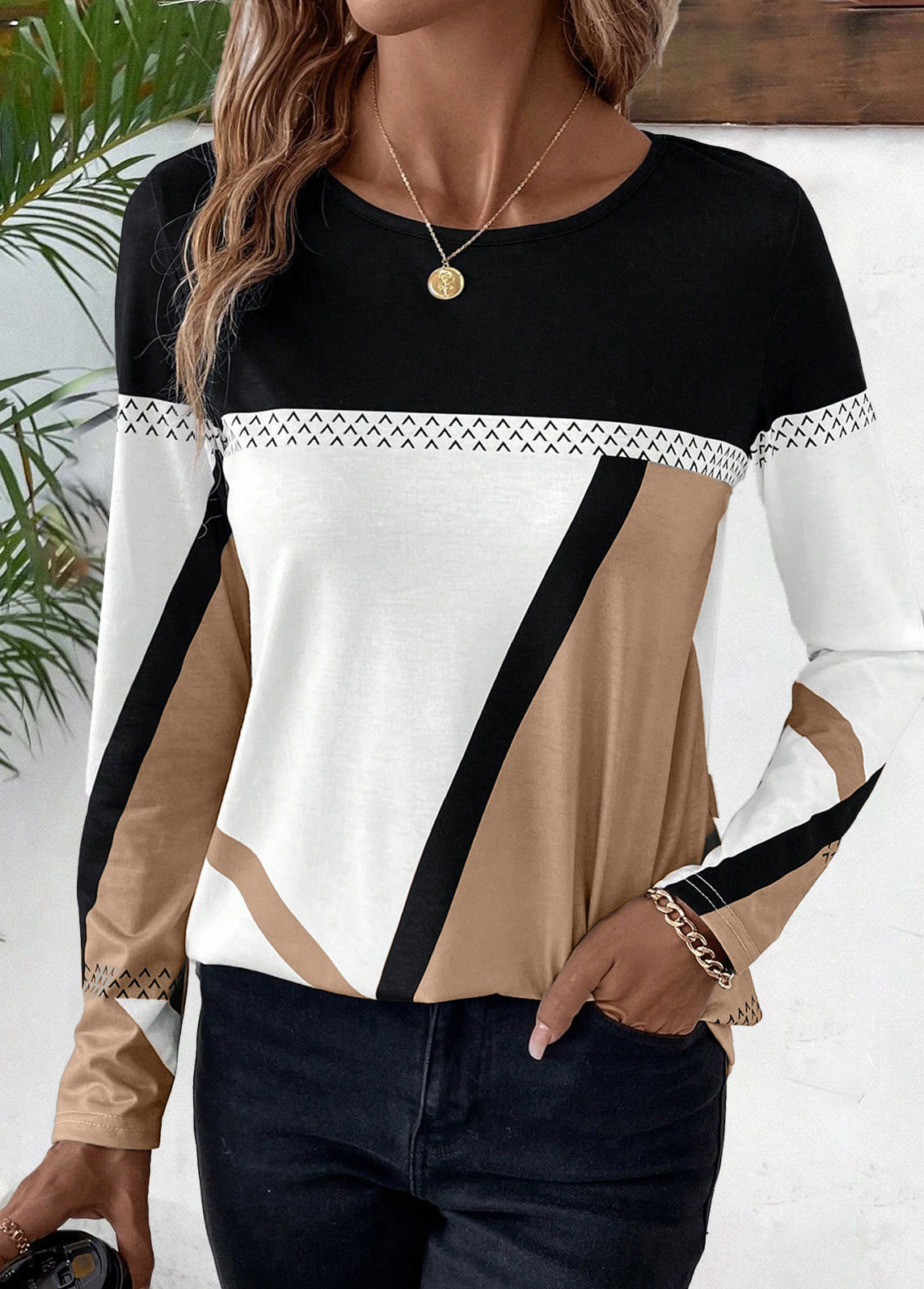 Geometric Print Patchwork Light Coffee Long Sleeve T Shirt