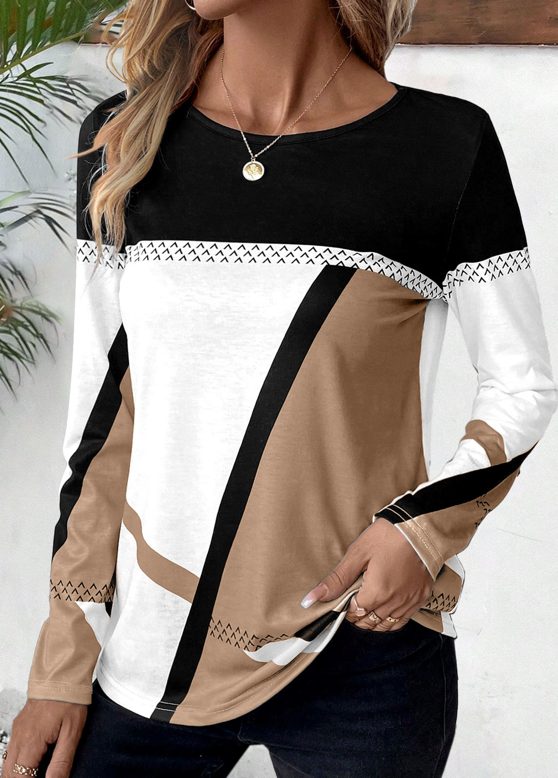 Geometric Print Patchwork Light Coffee Long Sleeve T Shirt