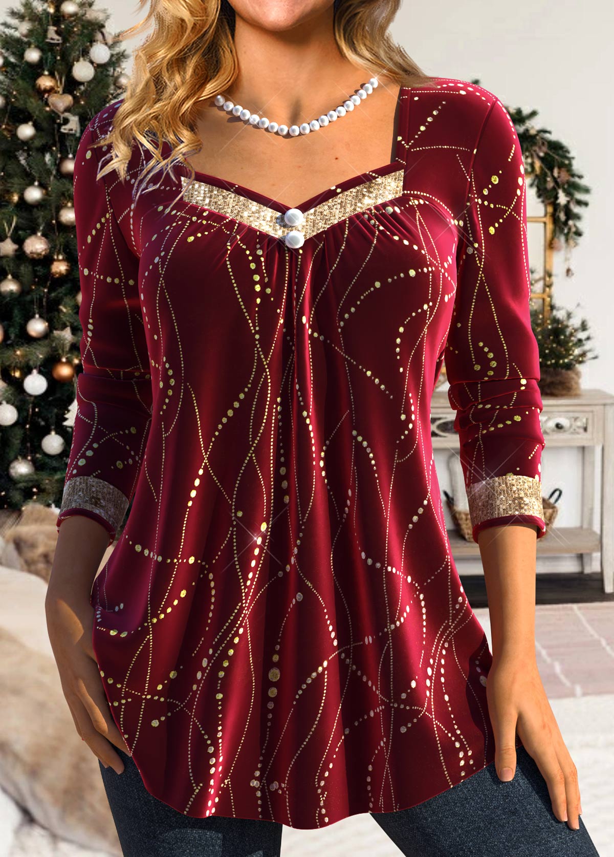 Sequin Wine Red Long Sleeve Heart Collar T Shirt