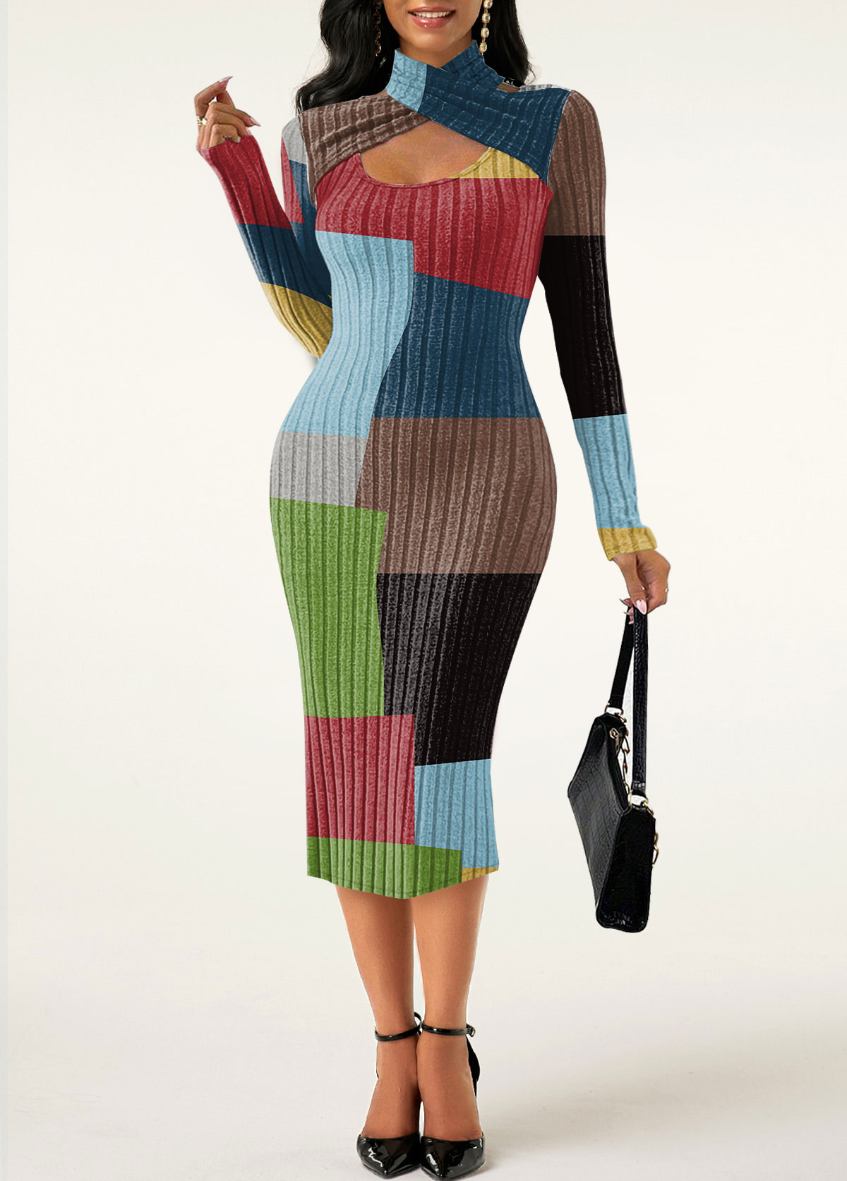 Geometric Print Criss Cross Rainbow Color Halter Bodycon Dress