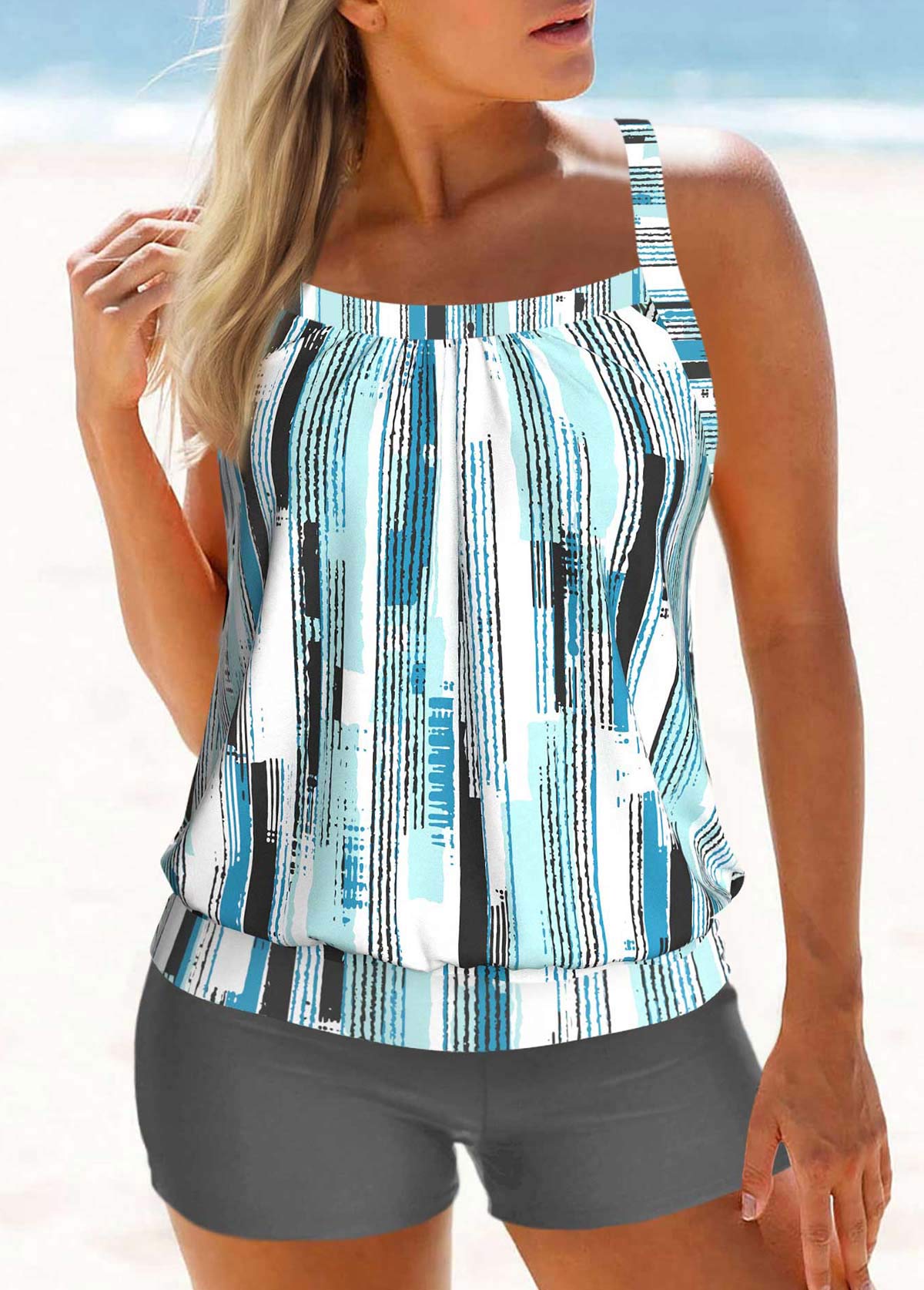 Mid Waisted Geometric Print Patchwork Grey Tankini Set