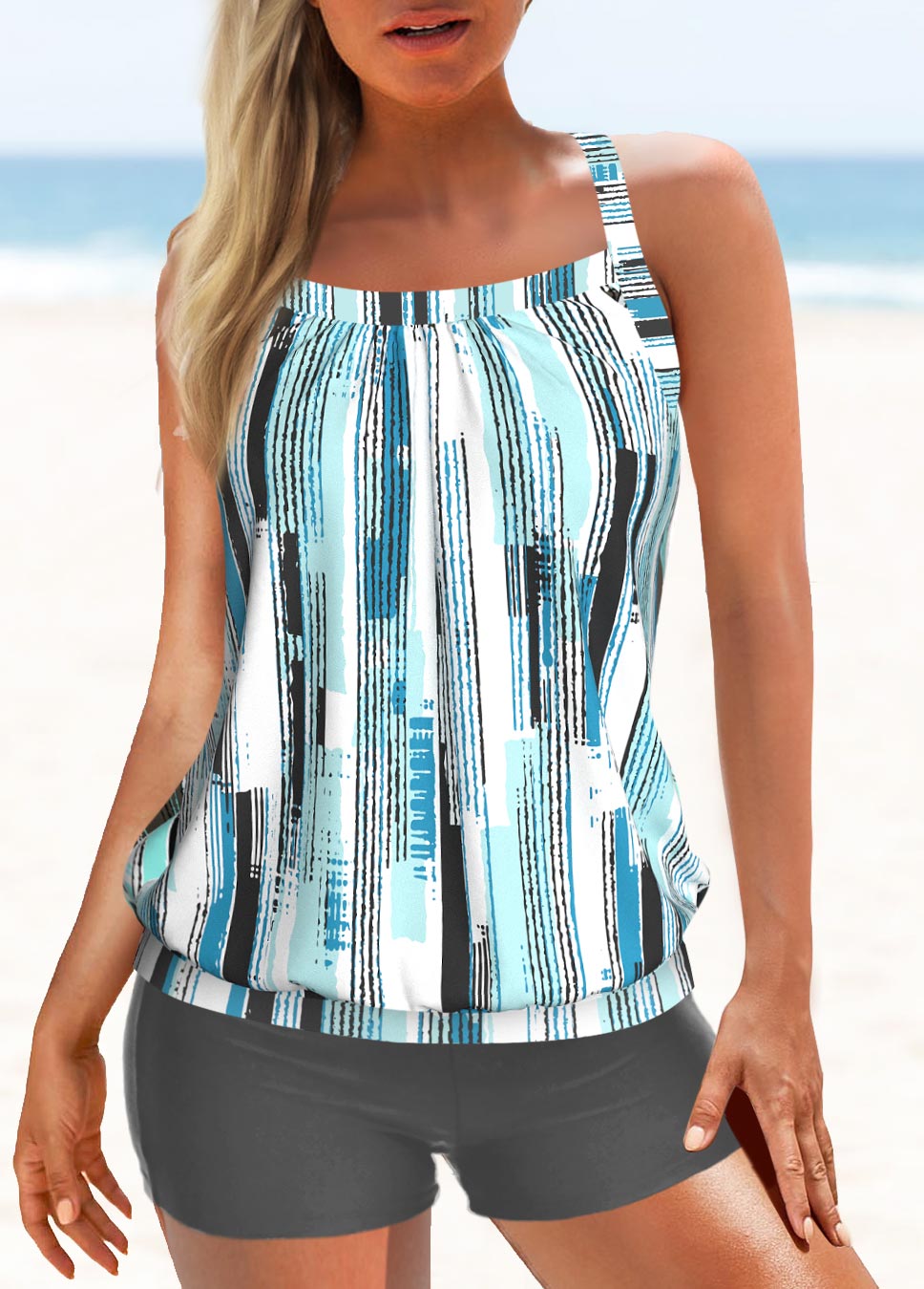 Mid Waisted Geometric Print Patchwork Grey Tankini Set