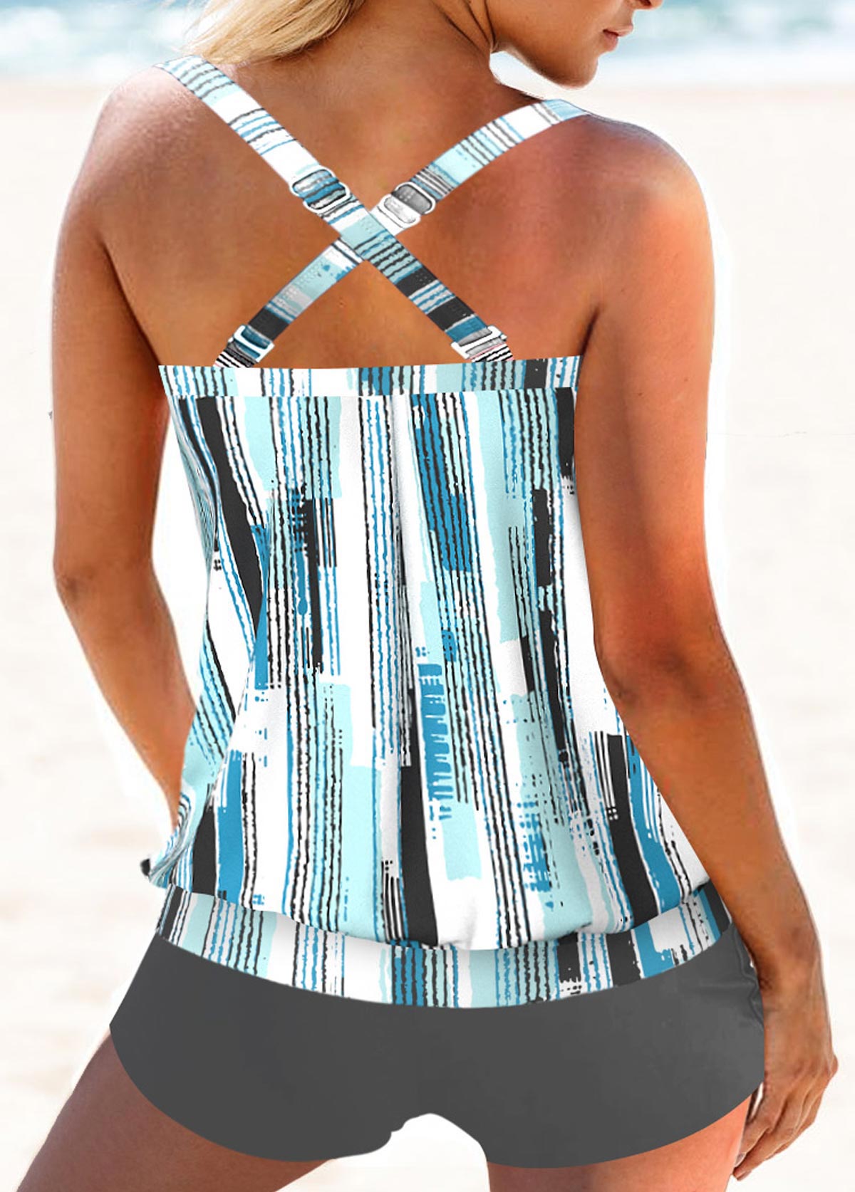 Mid Waisted Geometric Print Patchwork Grey Tankini Set