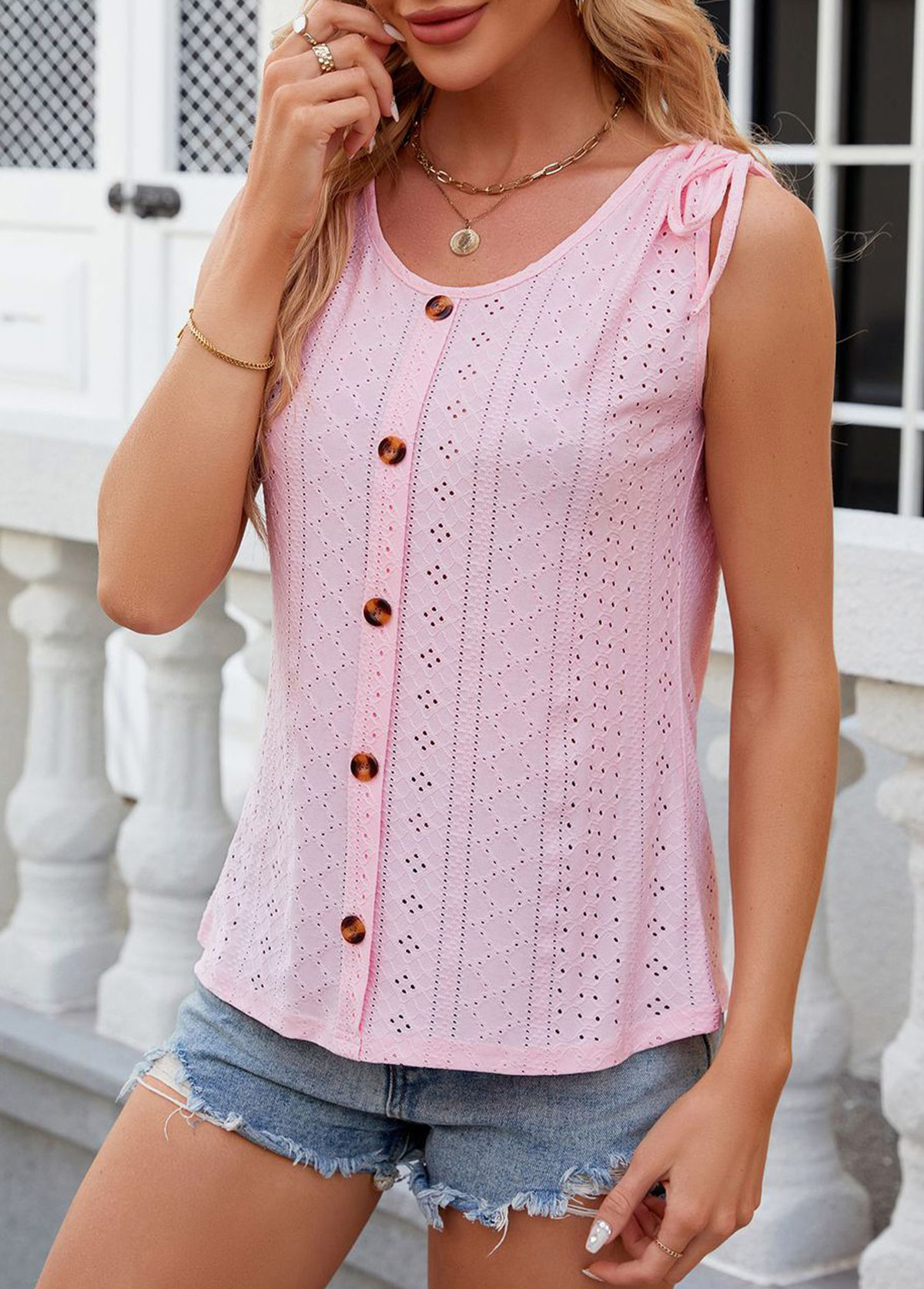 Button Scoop Neck Pink Tank Top