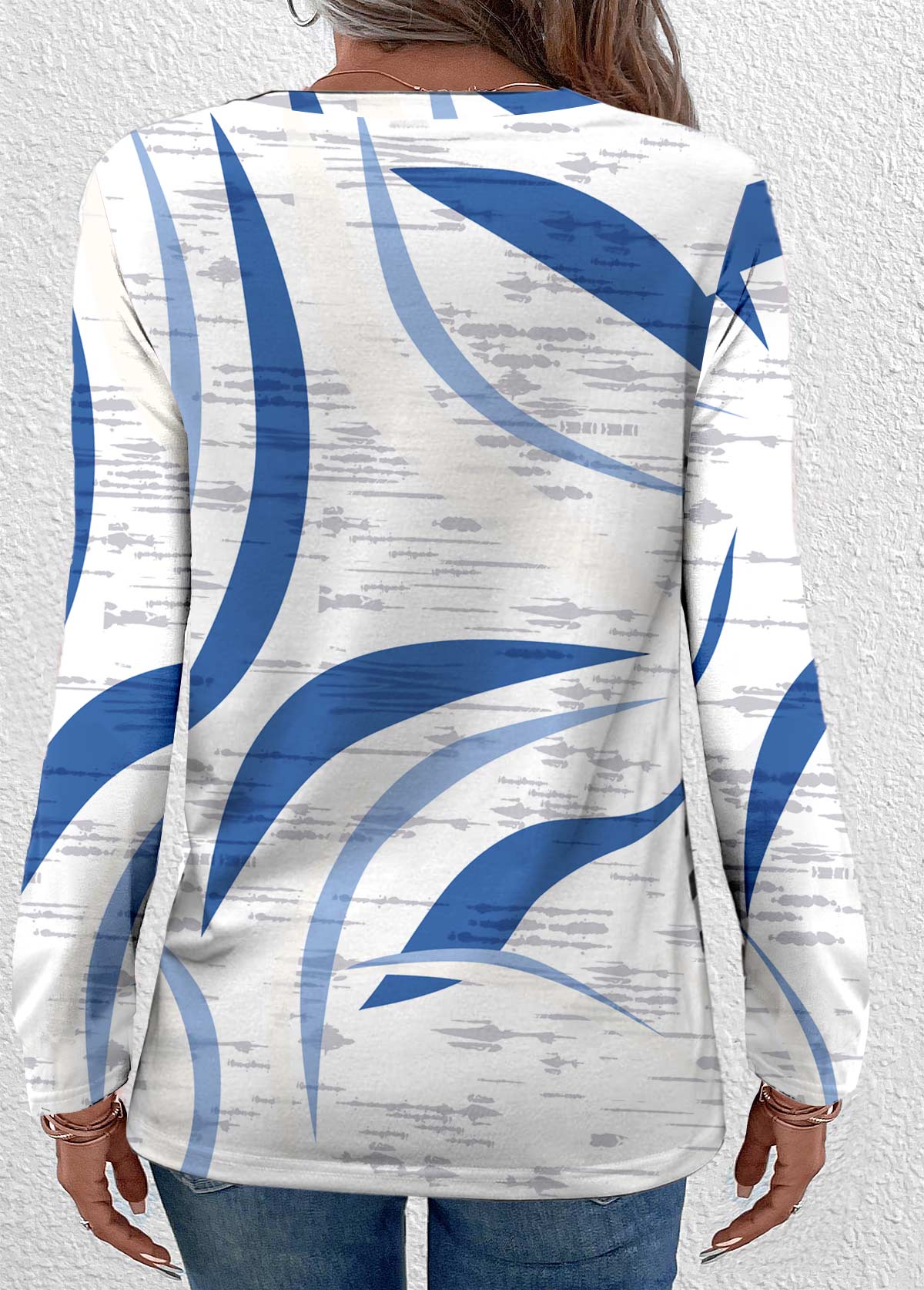 Geometric Print Lightweight Blue Long Sleeve T Shirt