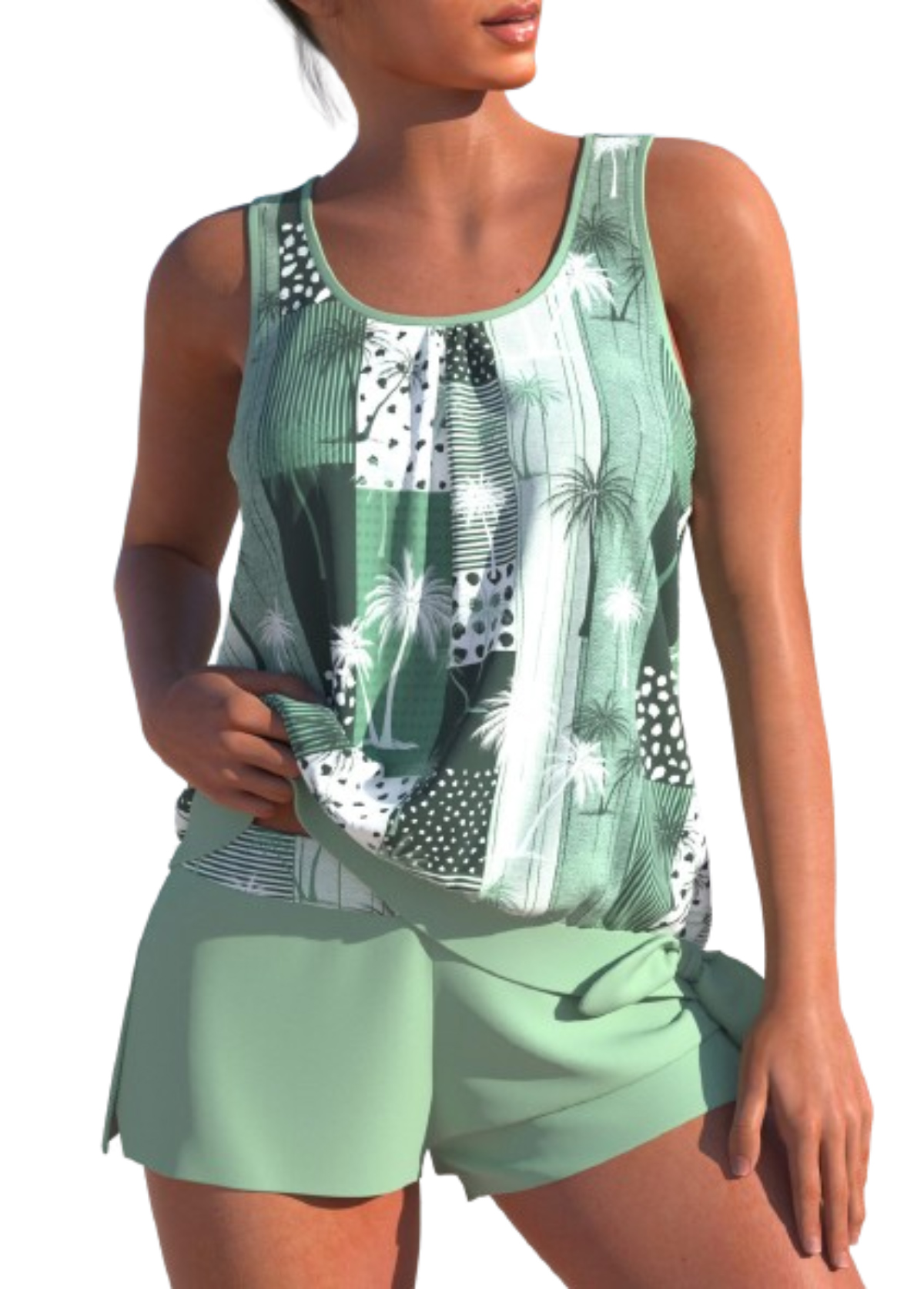 Geometric Print Tie Sage Green Tankini Set