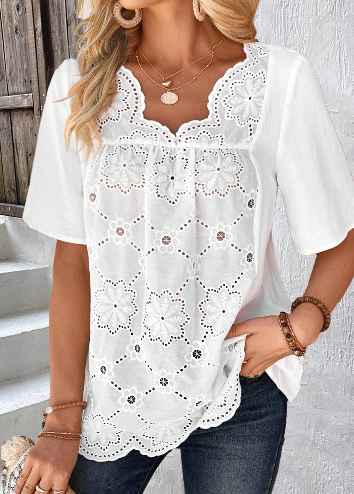 Embroidery White Half Sleeve V Neck Blouse