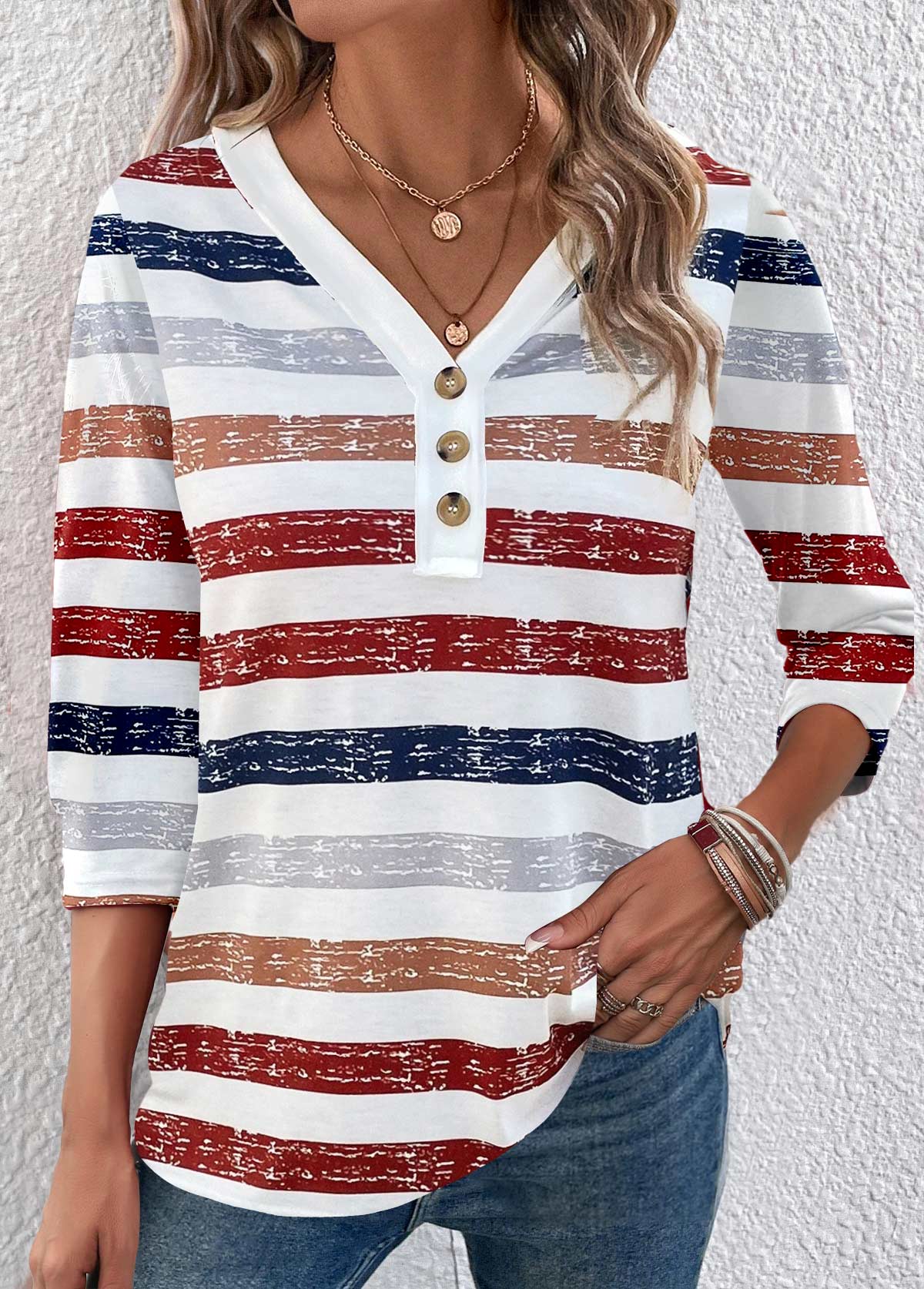 Multi Stripe Print Button Red 3/4 Sleeve T Shirt