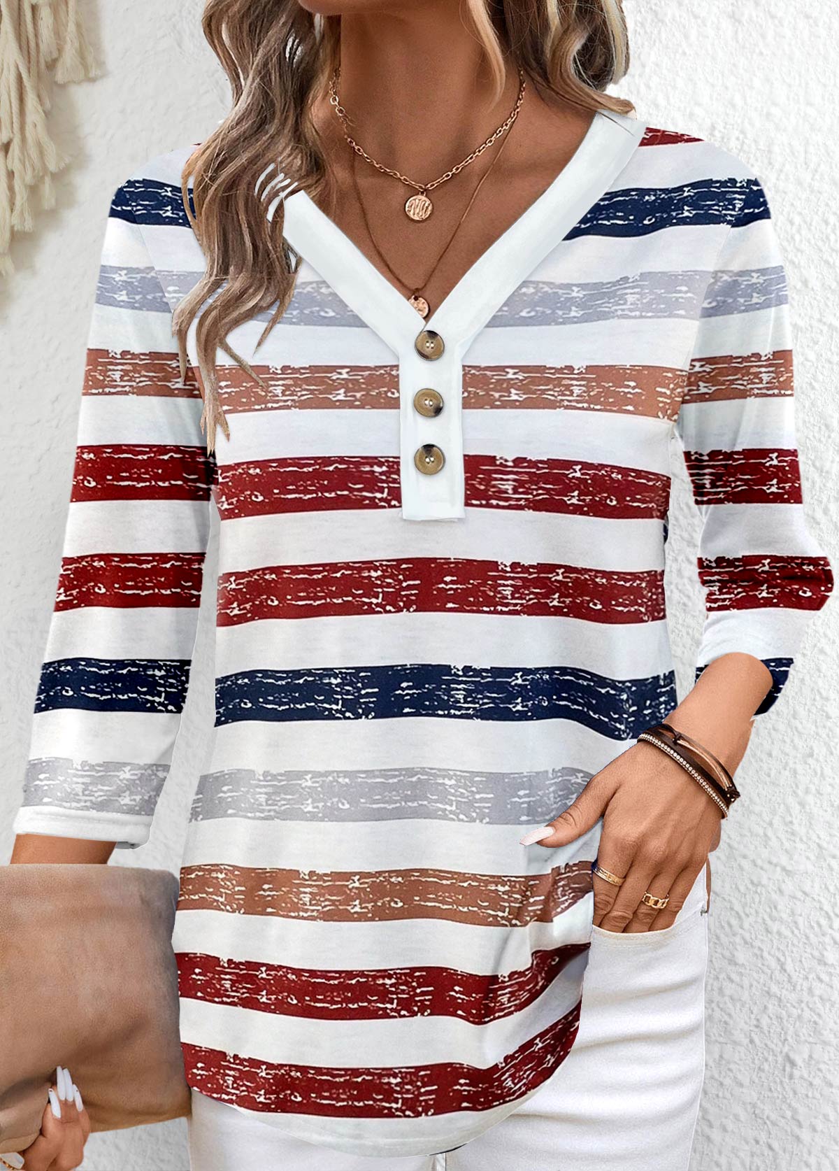 Multi Stripe Print Button Red 3/4 Sleeve T Shirt
