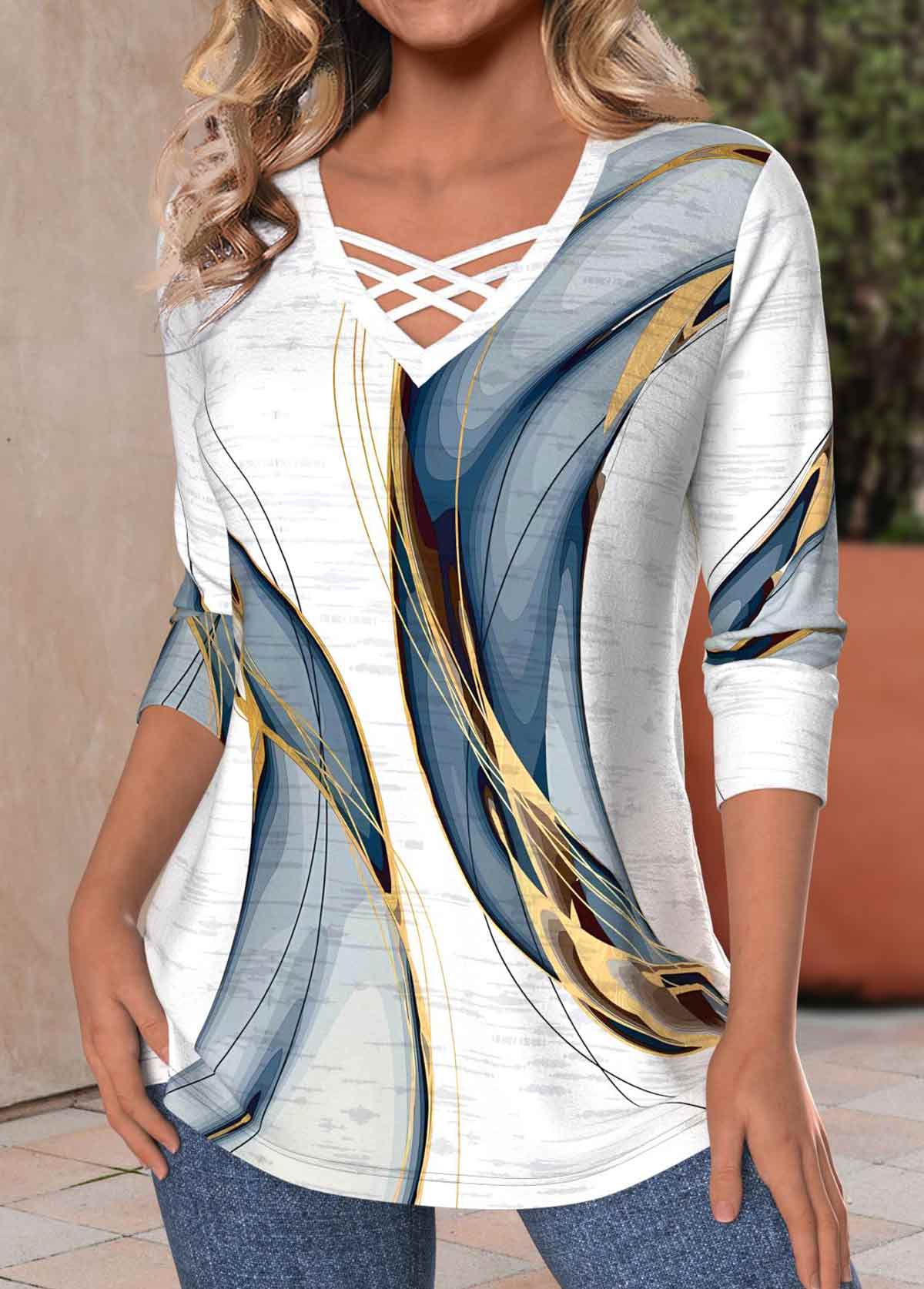 Plus Size White Criss Cross Geometric Print T Shirt