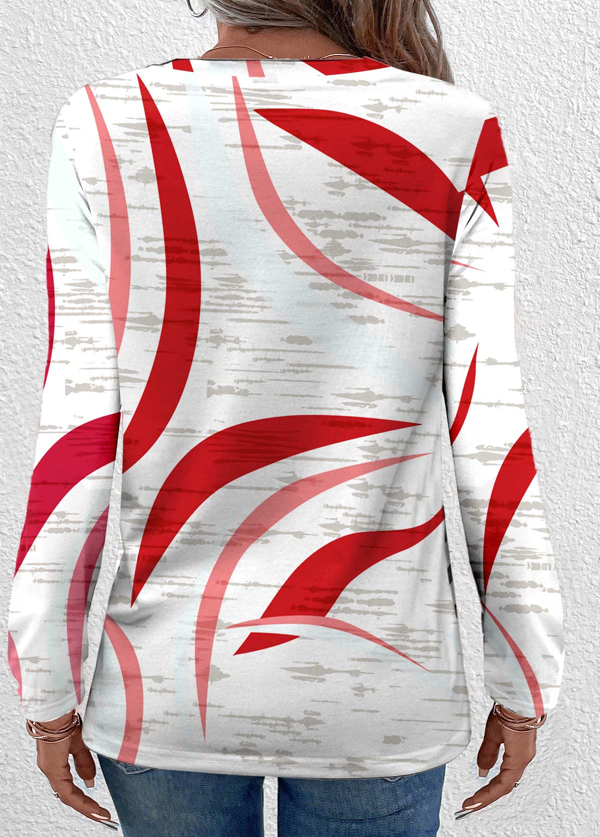 Geometric Print Lightweight Red Long Sleeve T Shirt