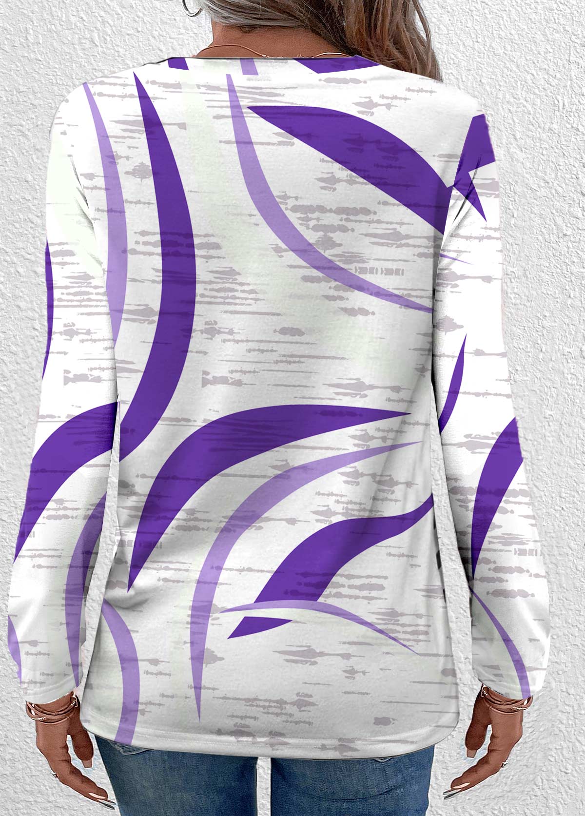 Geometric Print Lightweight Purple Long Sleeve T Shirt
