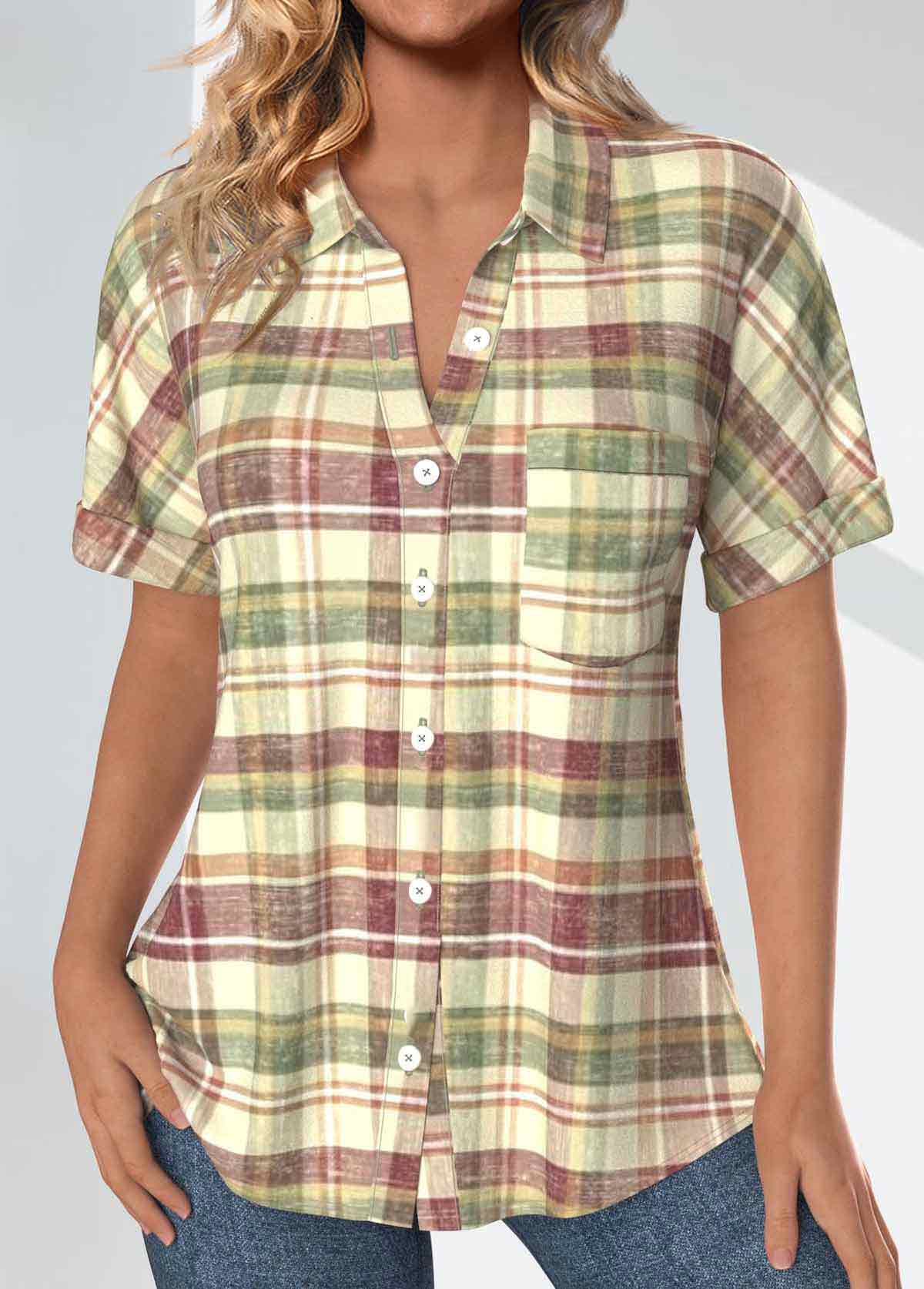 Plaid Pocket Multi Color Short Sleeve Shirt Collar Blouse
