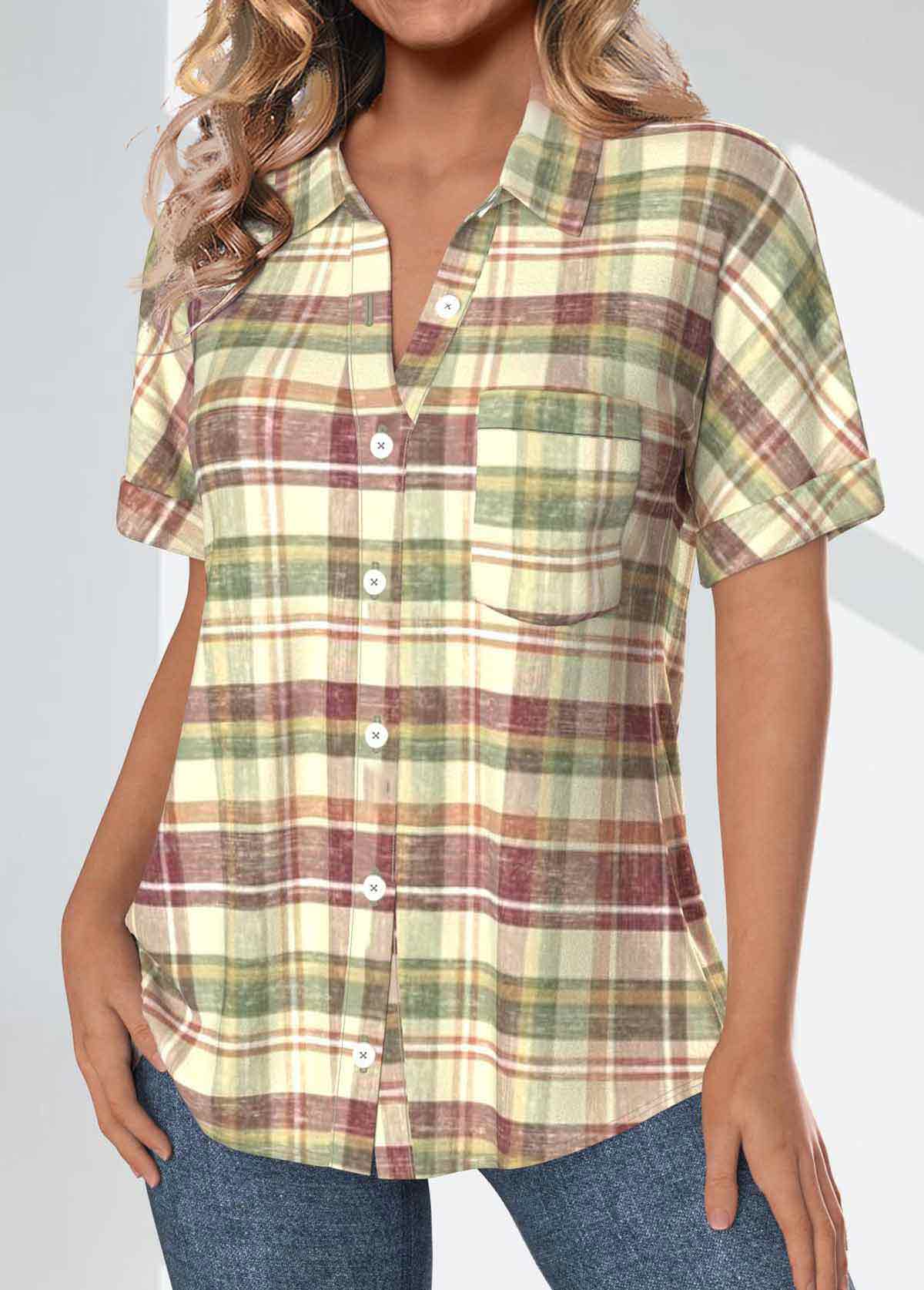 Plaid Pocket Multi Color Short Sleeve Shirt Collar Blouse