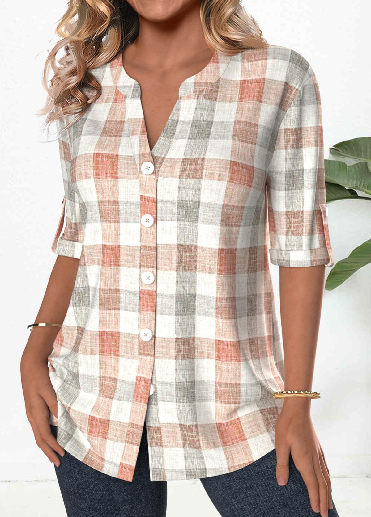 Plaid Button Orange 3/4 Sleeve Split Neck Blouse