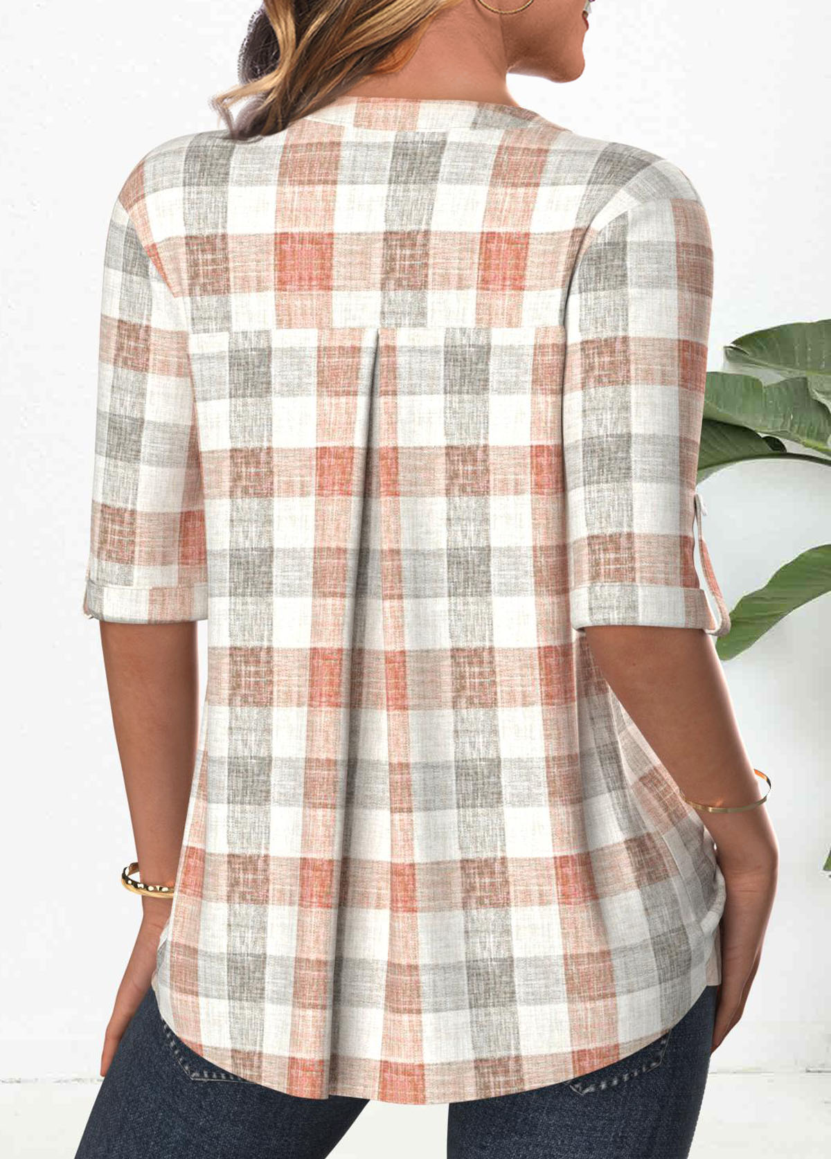 Plaid Button Orange 3/4 Sleeve Split Neck Blouse